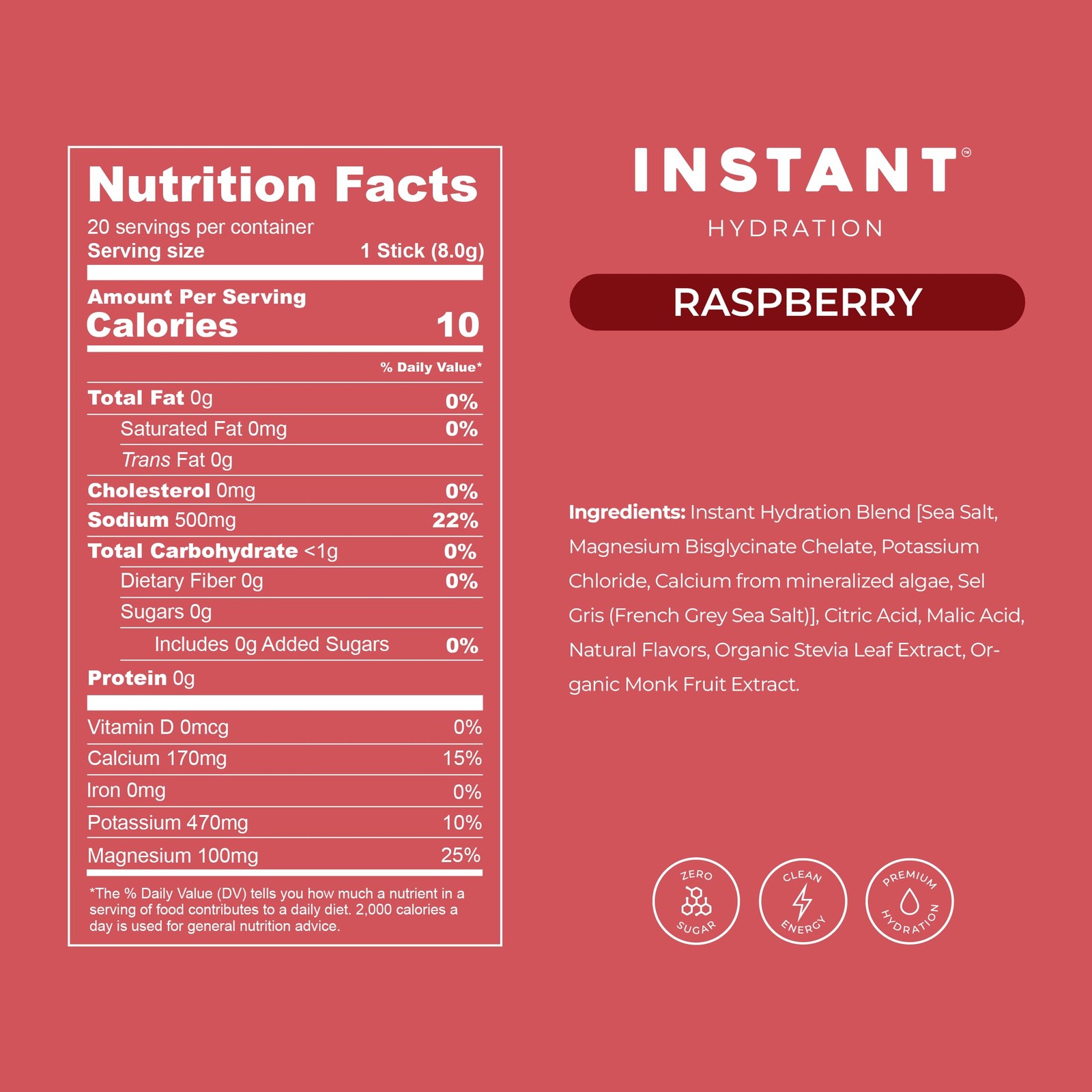 Instant Hydration Electrolyte Powder Sugar Free Raspberry 1220mg 20 Count