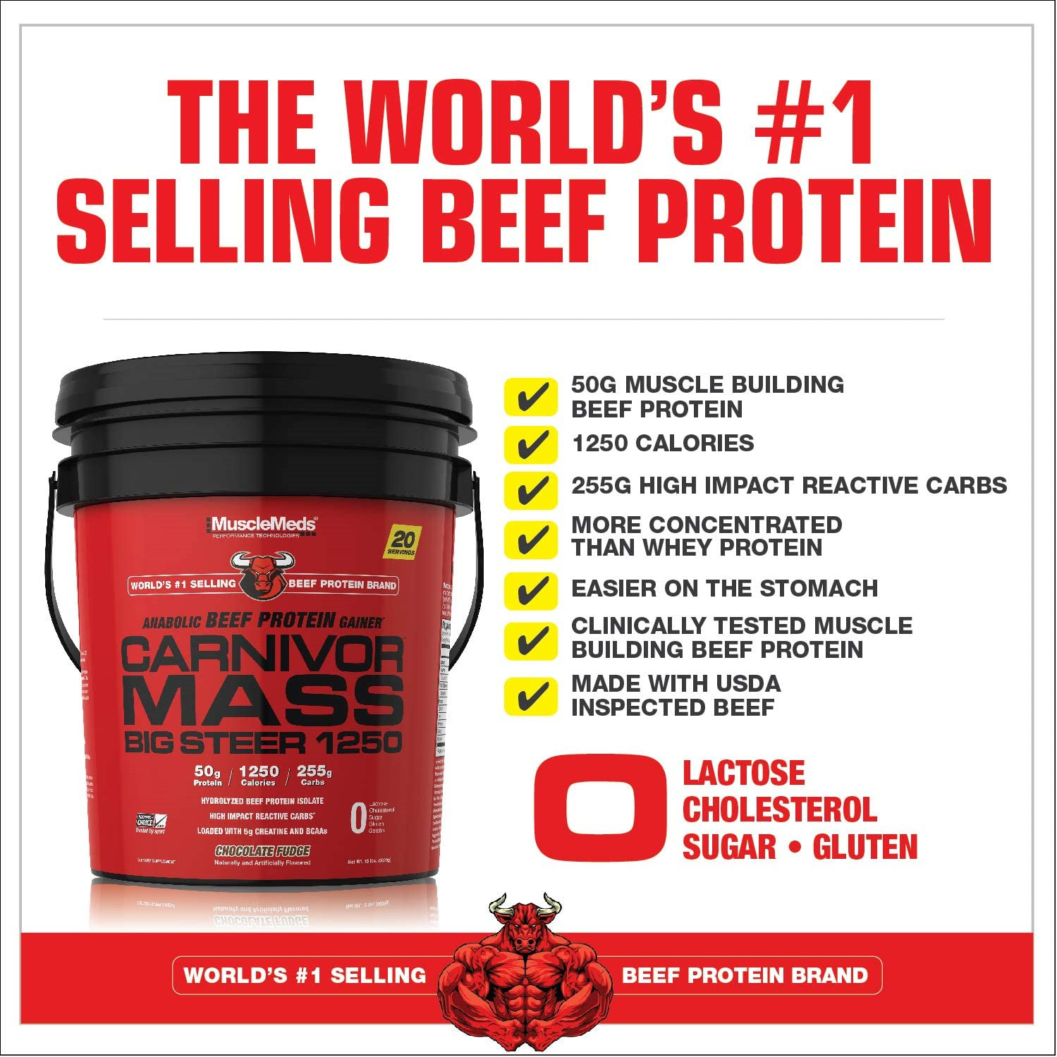 MuscleMeds Carnivor Mass Chocolate Big Steer 1250 Bucket, 15 Lb