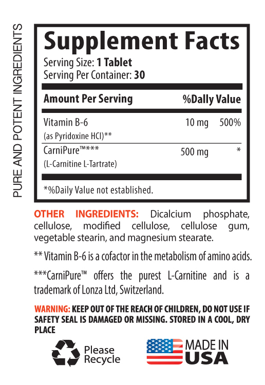 Pure And Potent Ingredients Tabs – L-Carnitine 500mg – L Carnitine Dosage 3B