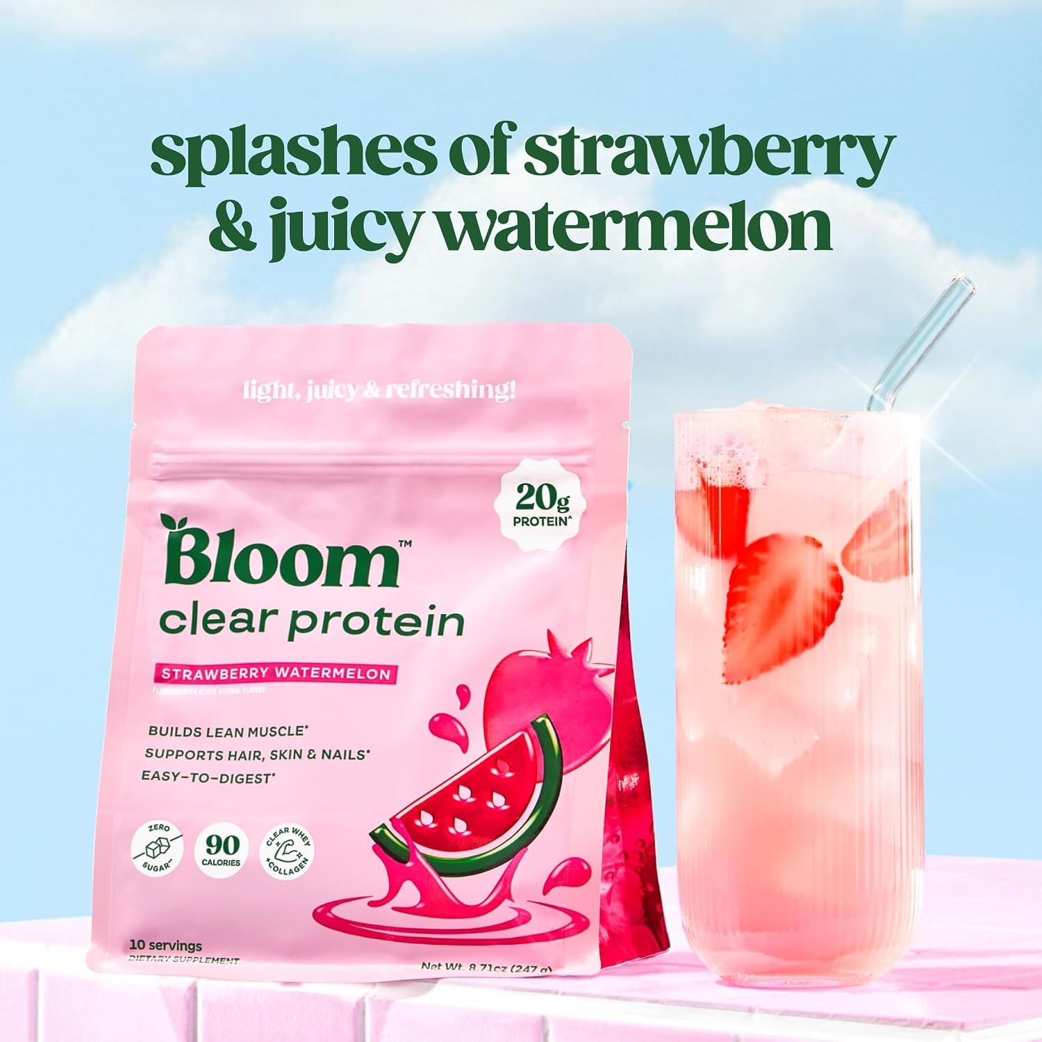 Bloom Clear Protein Powder Whey Isolate Collagen Peptides Digestive Enzymes 20g