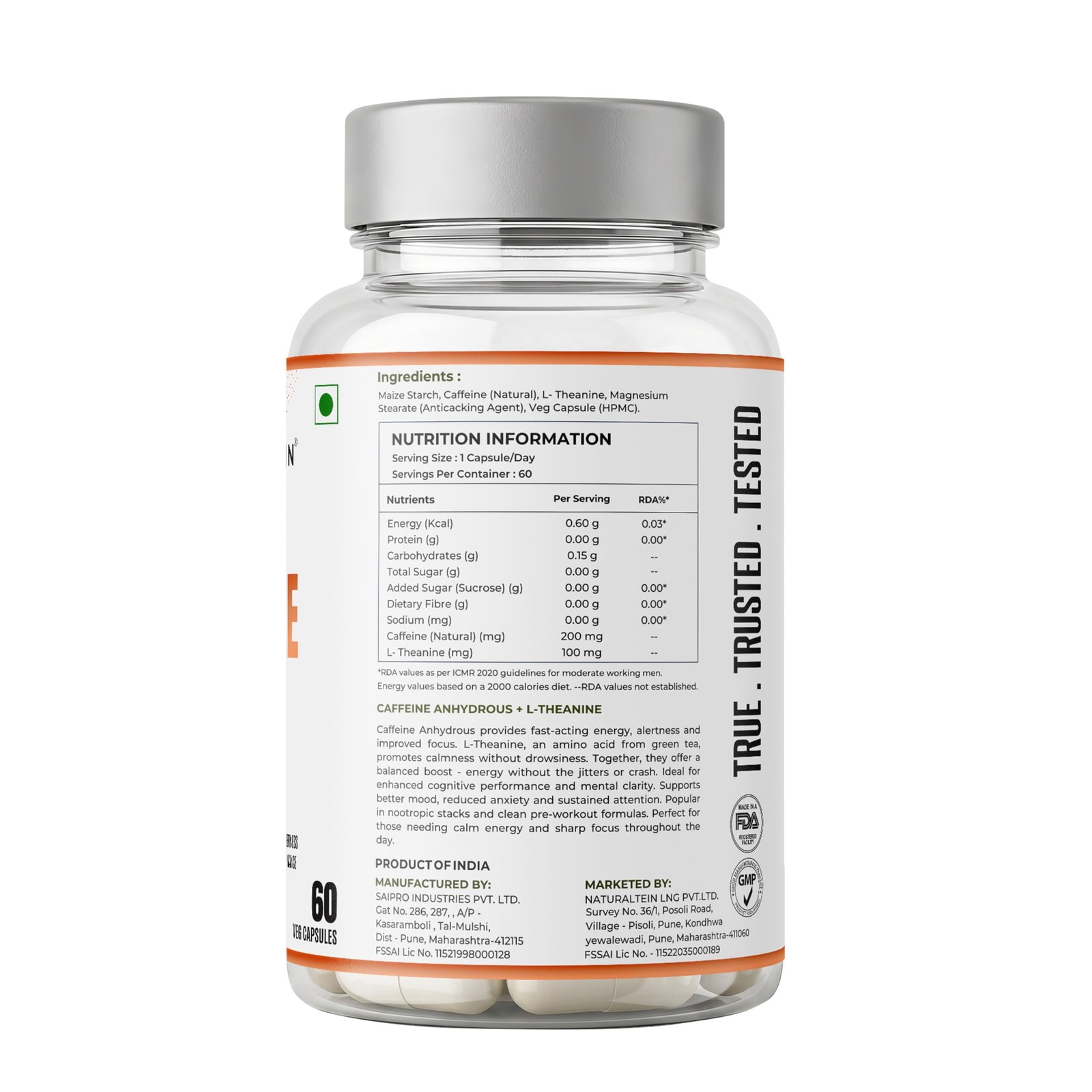 NATURALTEIN Ultimate Caffeine & L-Theanine 100mg | 60 Veg Capsules Energy Boost