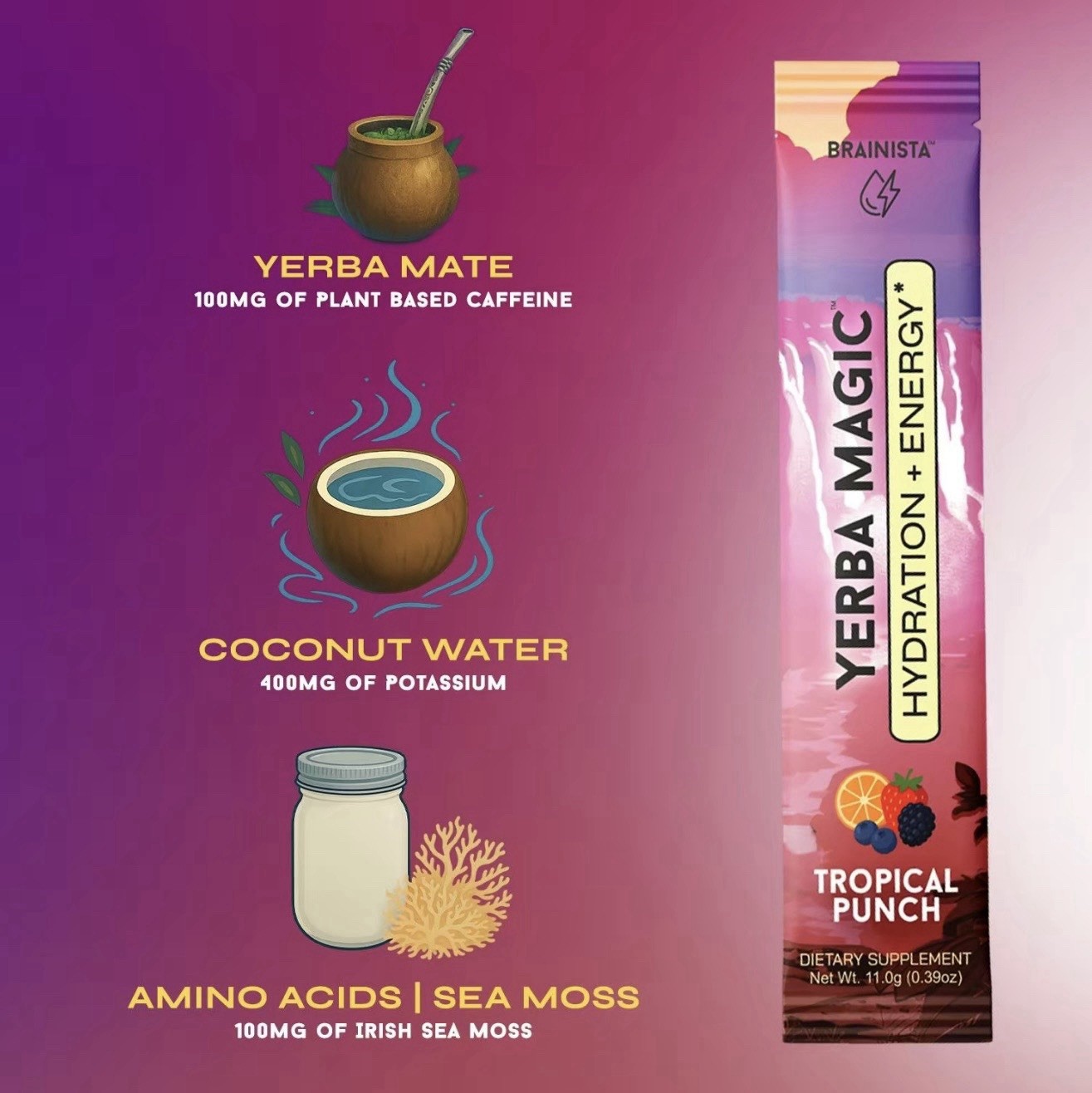BRAINISTA Yerba Magic Electrolytes Hydration + Energy No Sugar, 20 Packets