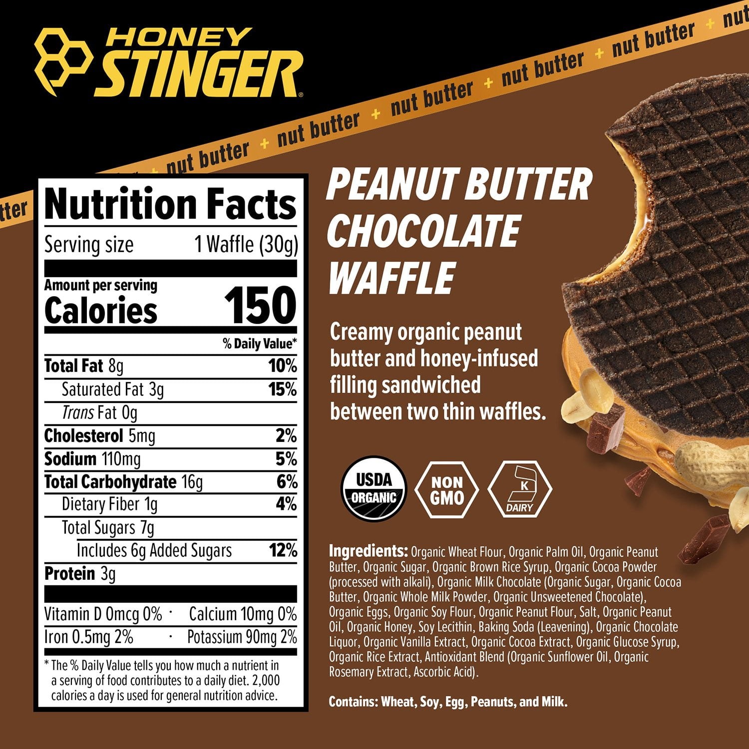 Honey Stinger Organic Energy Waffle, Peanut Butter Chocolate, Caffeine Free