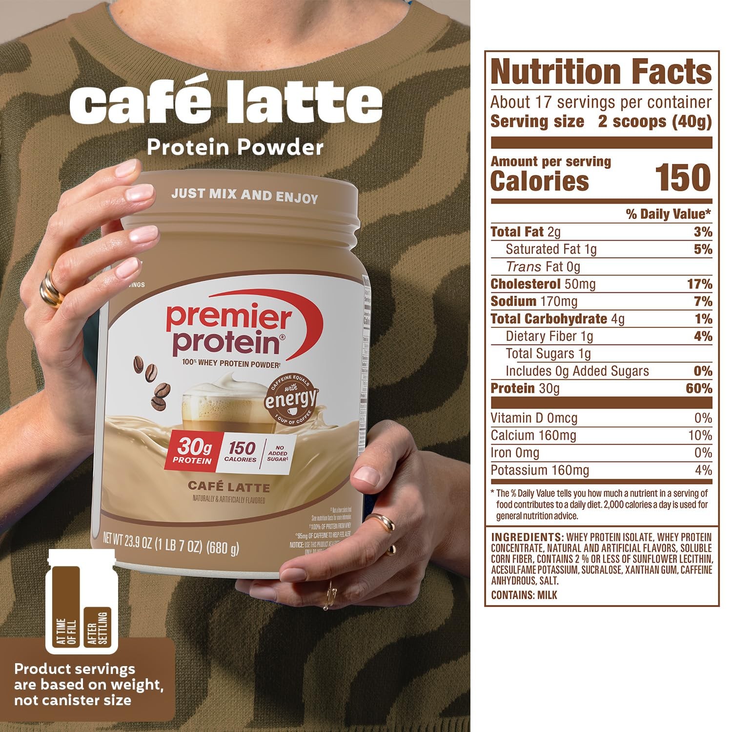 Premier Protein Powder, Café Latte, 30g Protein, 95mg Caffeine for Energy, No…