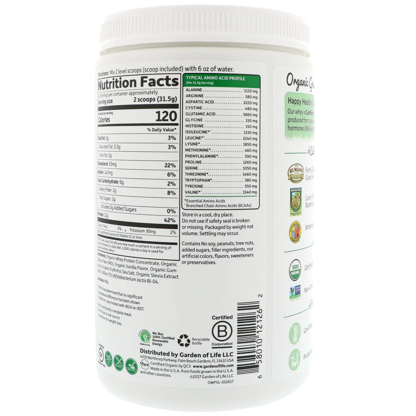 Organic Whey Protein, Grass-Fed, Vanilla, 13.33 oz (378 g)