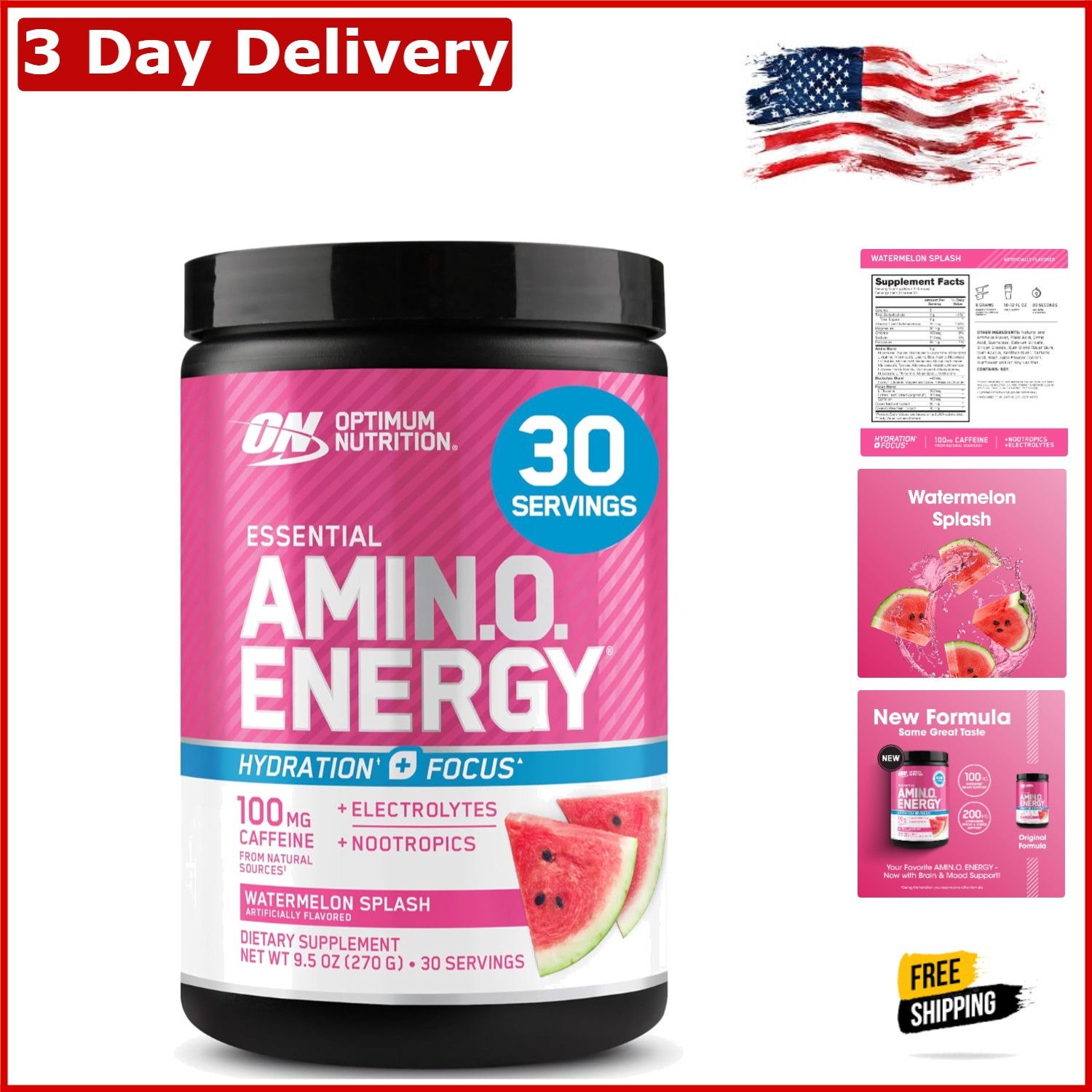 Hydrating Amino Energy Drink Mix – Watermelon, 30 Servings of Focus & Recovery