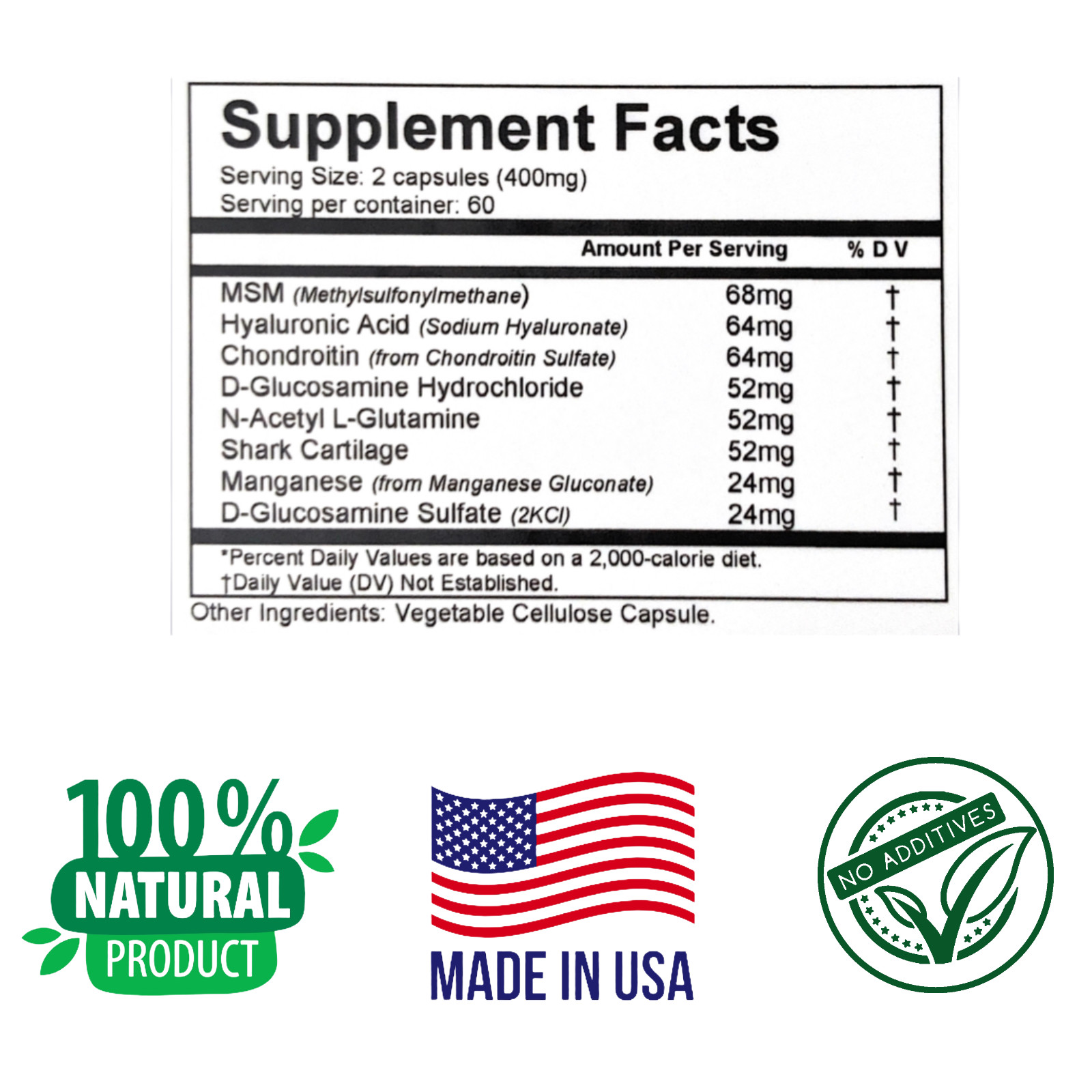 MSM, GLUCOSAMINE & CHONDROITIN, 120 Capsules. JOINT MOBILITY, Cartilage Support.