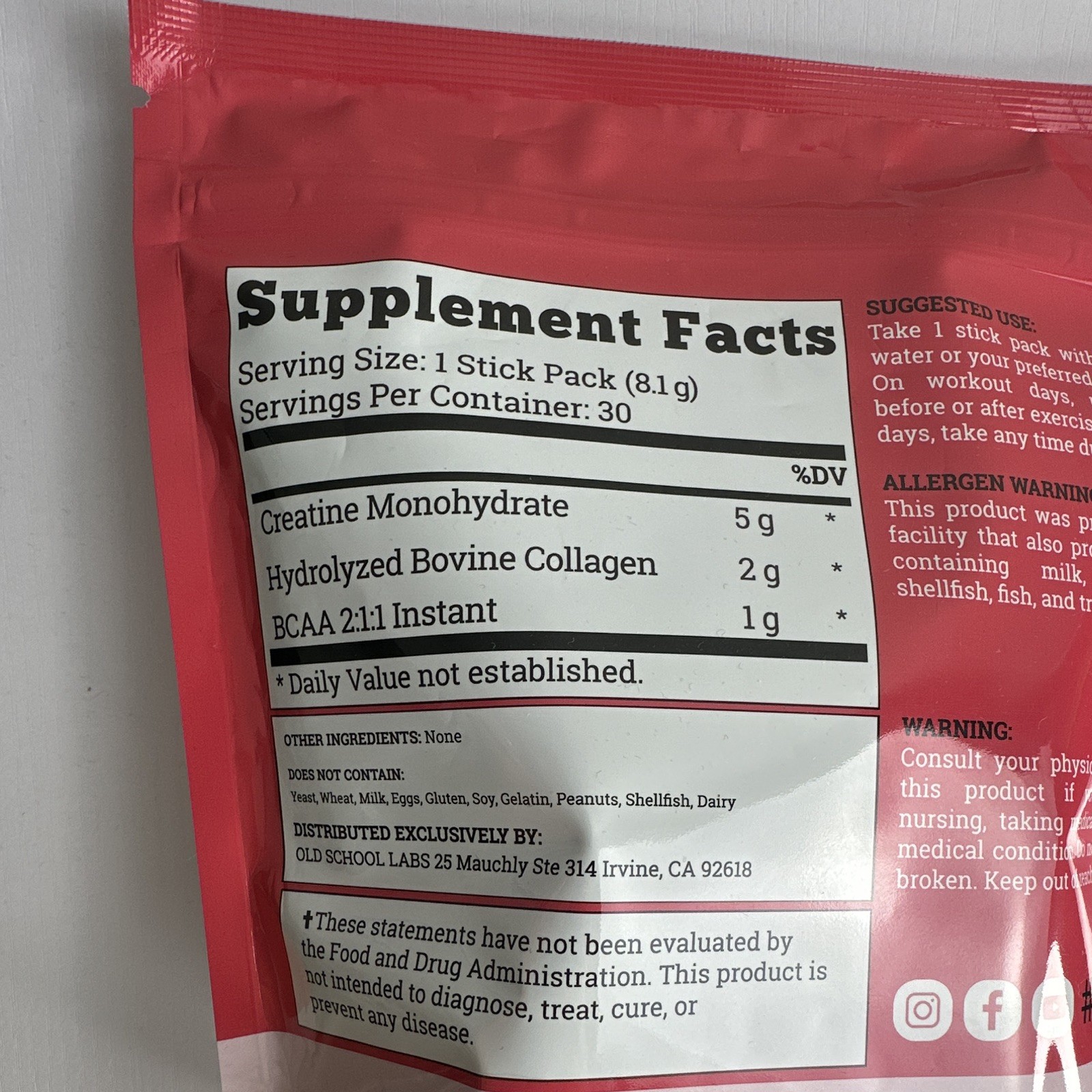 Old School Labs Creatine + Collagen Unflavored 30 Sticks Exp 10/2027