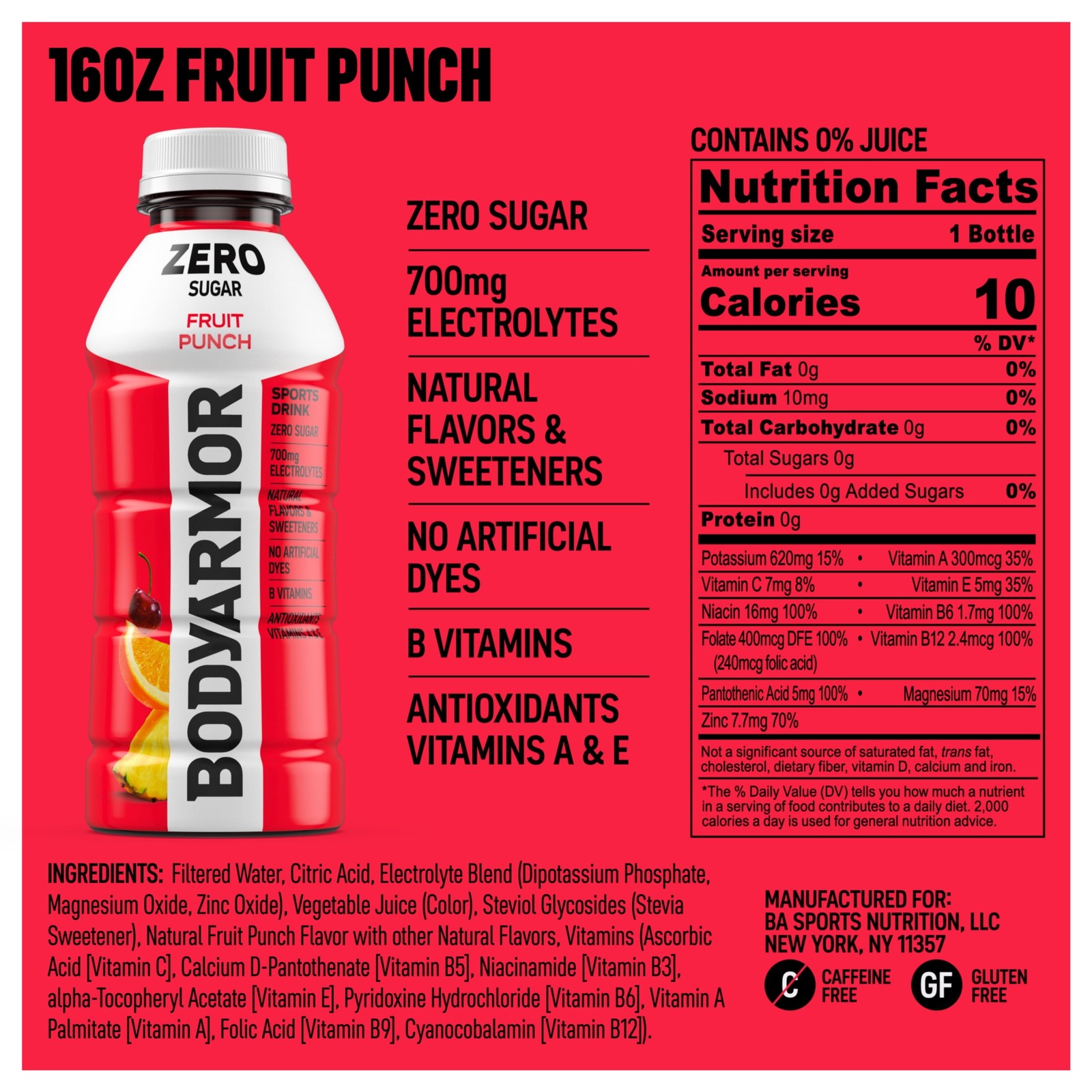 BODYARMOR Zero Sugar Fruit Punch Electrolyte Sports Drink, 16 fl oz Bottle