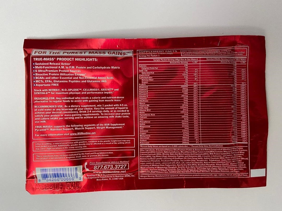 BSN True-Mass, Ultra Premium Protein/Carb Matrix, C. & Cream flavor ,16 Packets