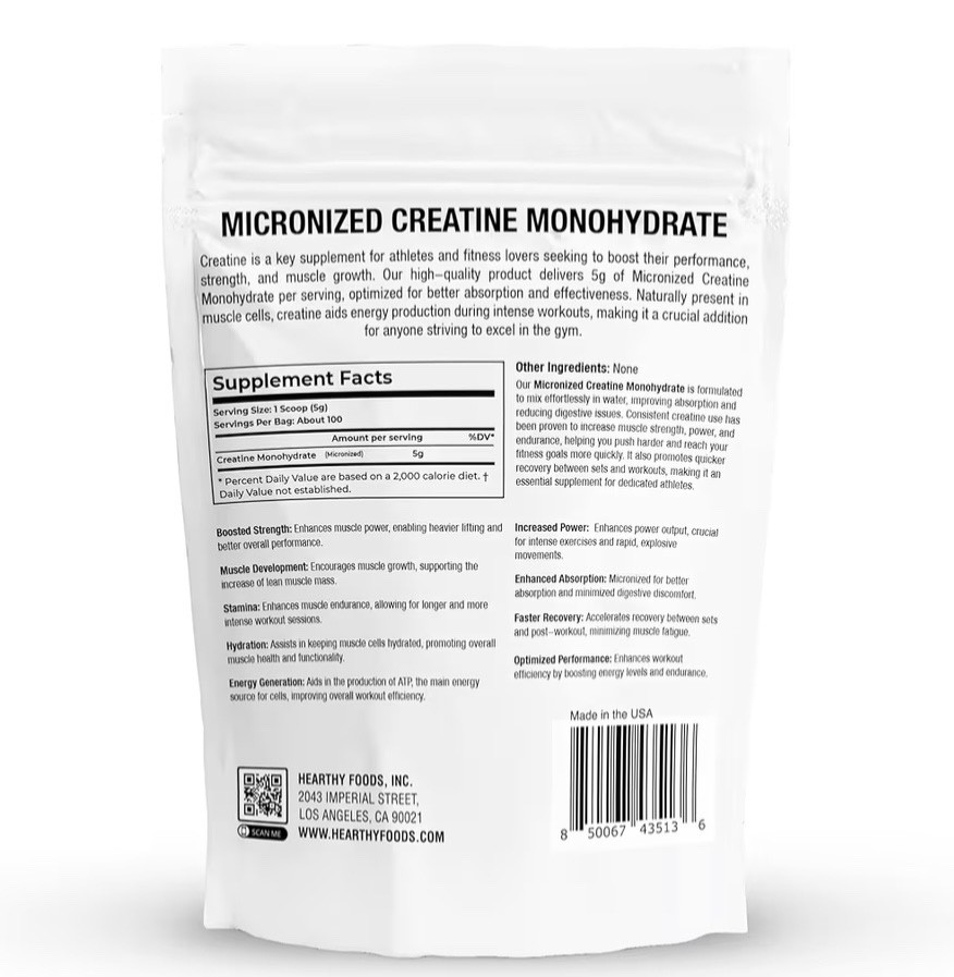 HEARTHY FOODS Creatine Monohydrate Micronized Powder 500G – 100 Servings, 5000mg