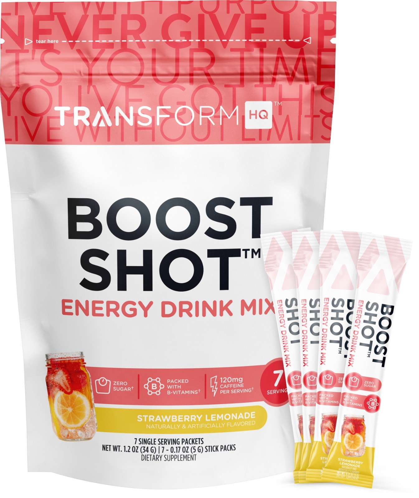 TransformHQ Boost Shot Powder Stick Packets, Strawberry Lemonade Energy – 7 Pack