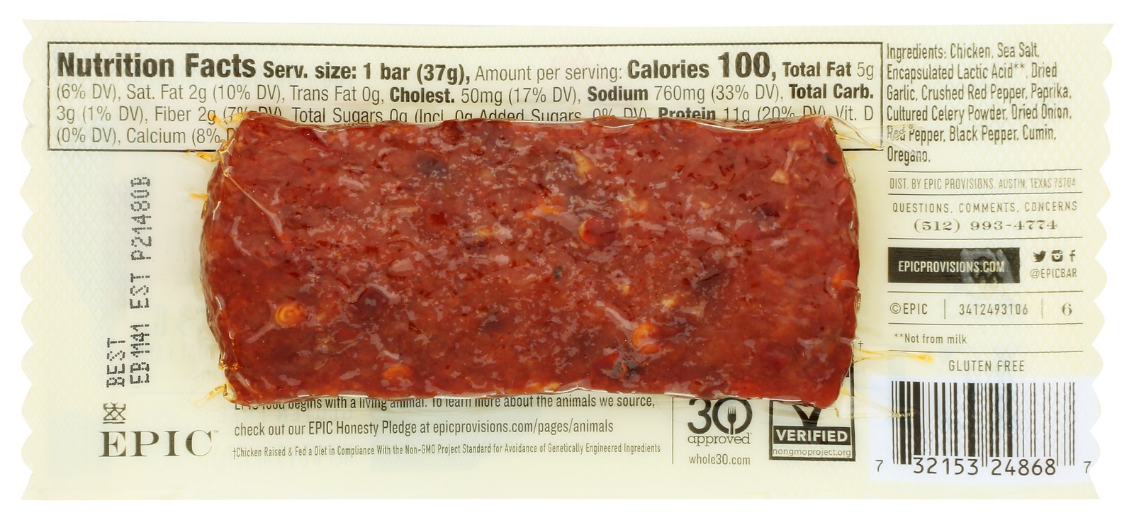 Epic Sriracha Chicken Protein Bar 1.3 Oz Gluten Free 12 Pack