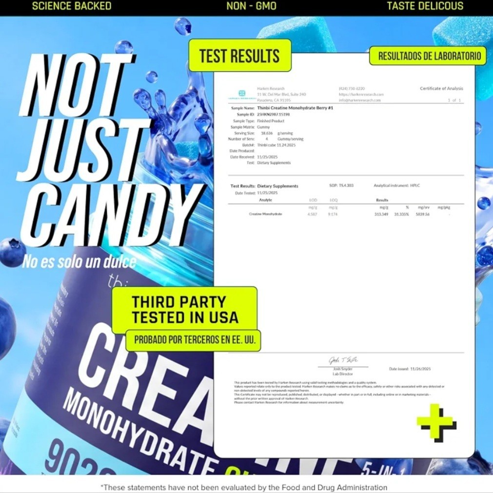 Thinbi Creatine Gummies Men & Women 9020mg 5-in-1 Complex Sugar Free Blueberry