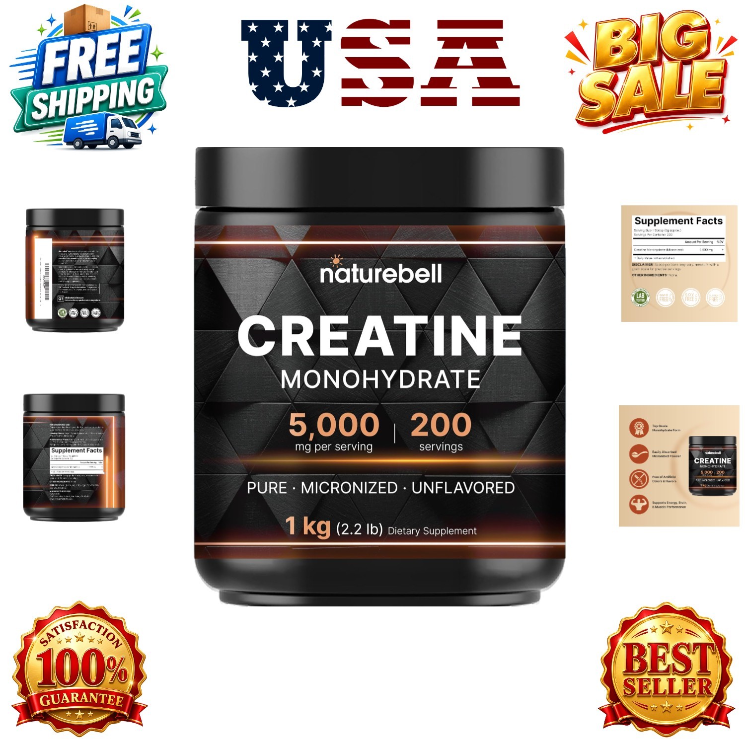 Creatine Monohydrate Powder 1,000g, 5,000mg Per Serving, 200 Servings 2.2 lb …