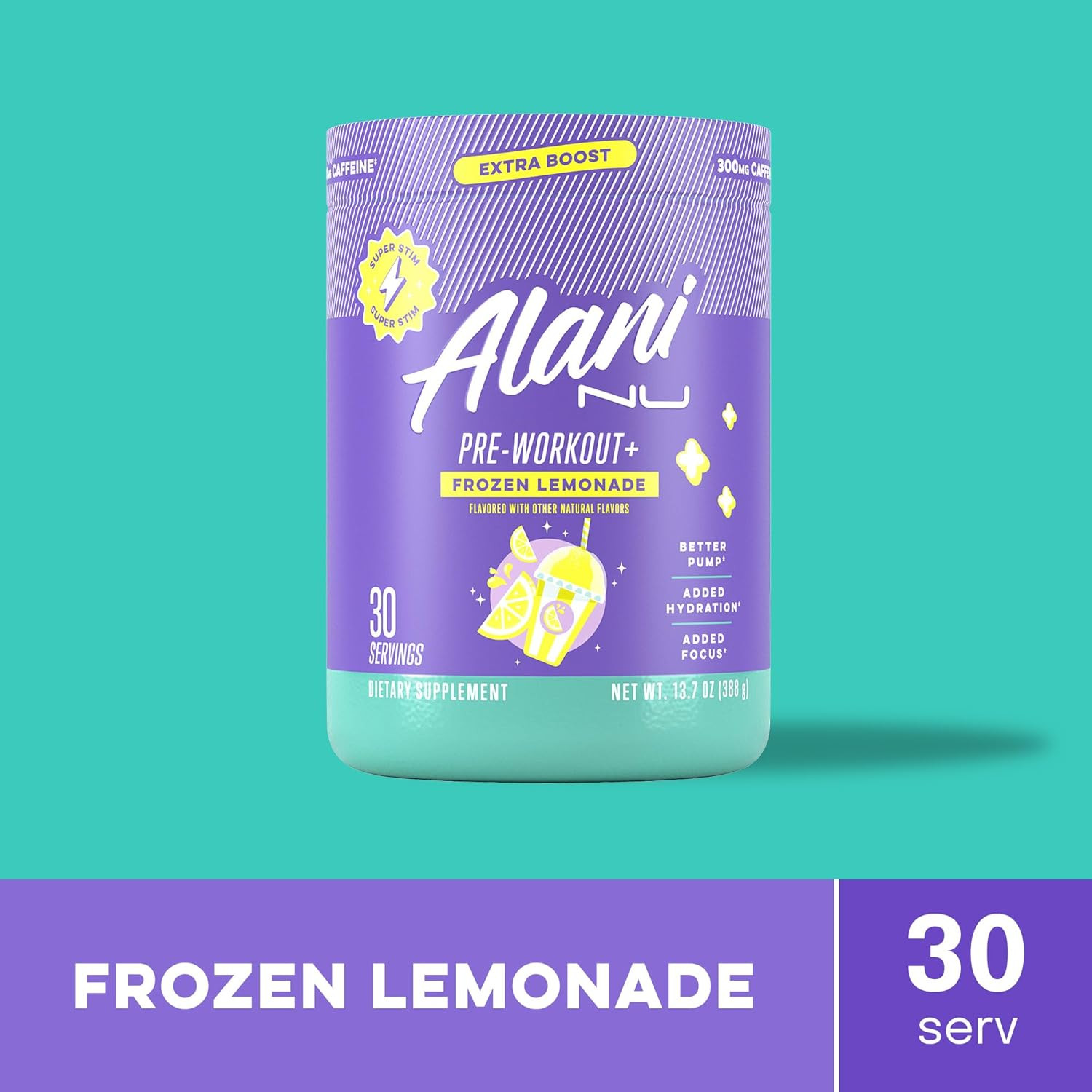 Pre Workout+ Powder Frozen Lemonade, Extra Boost, Sugar Free, 300Mg Caffeine, L-