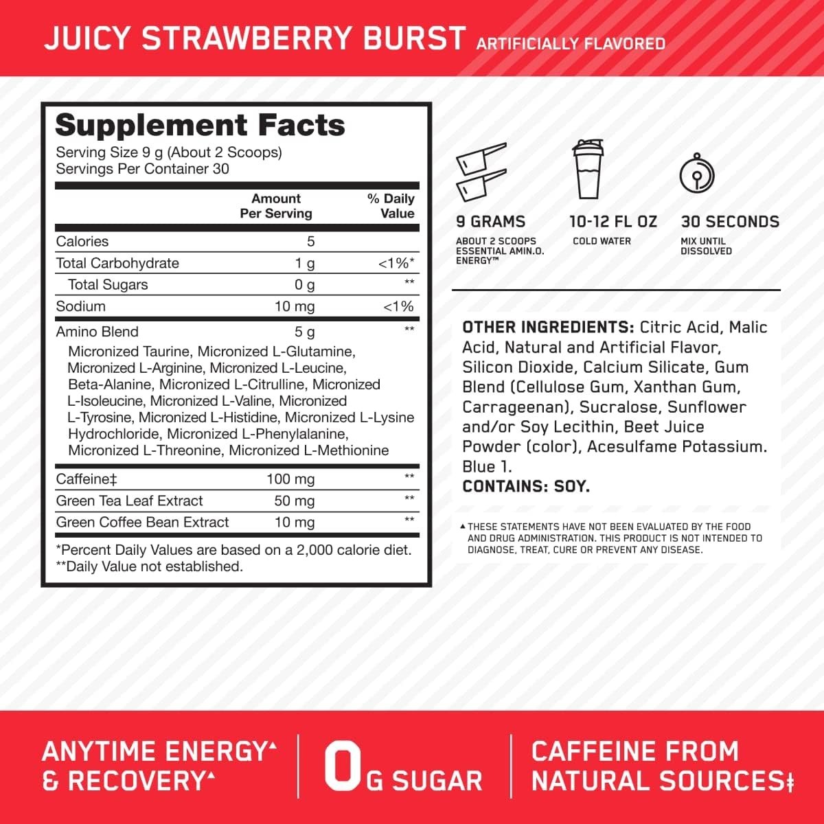 Essential Amino Energy Powder – Juicy Strawberry, 30 Servings, Energy Boost