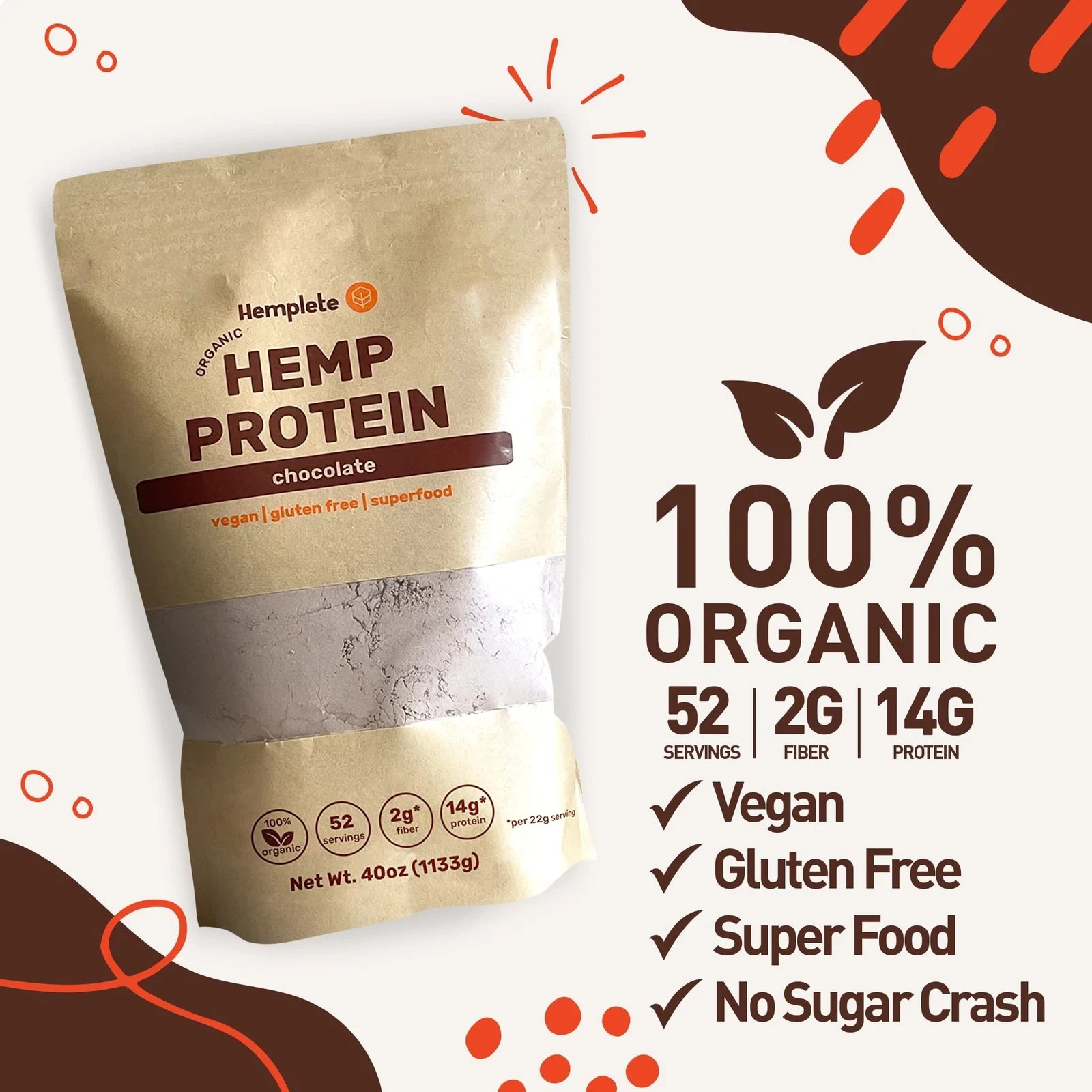 hemplete Organic Vegan Hemp Heart Protein Powder Plant-Based Chocolate Powder…