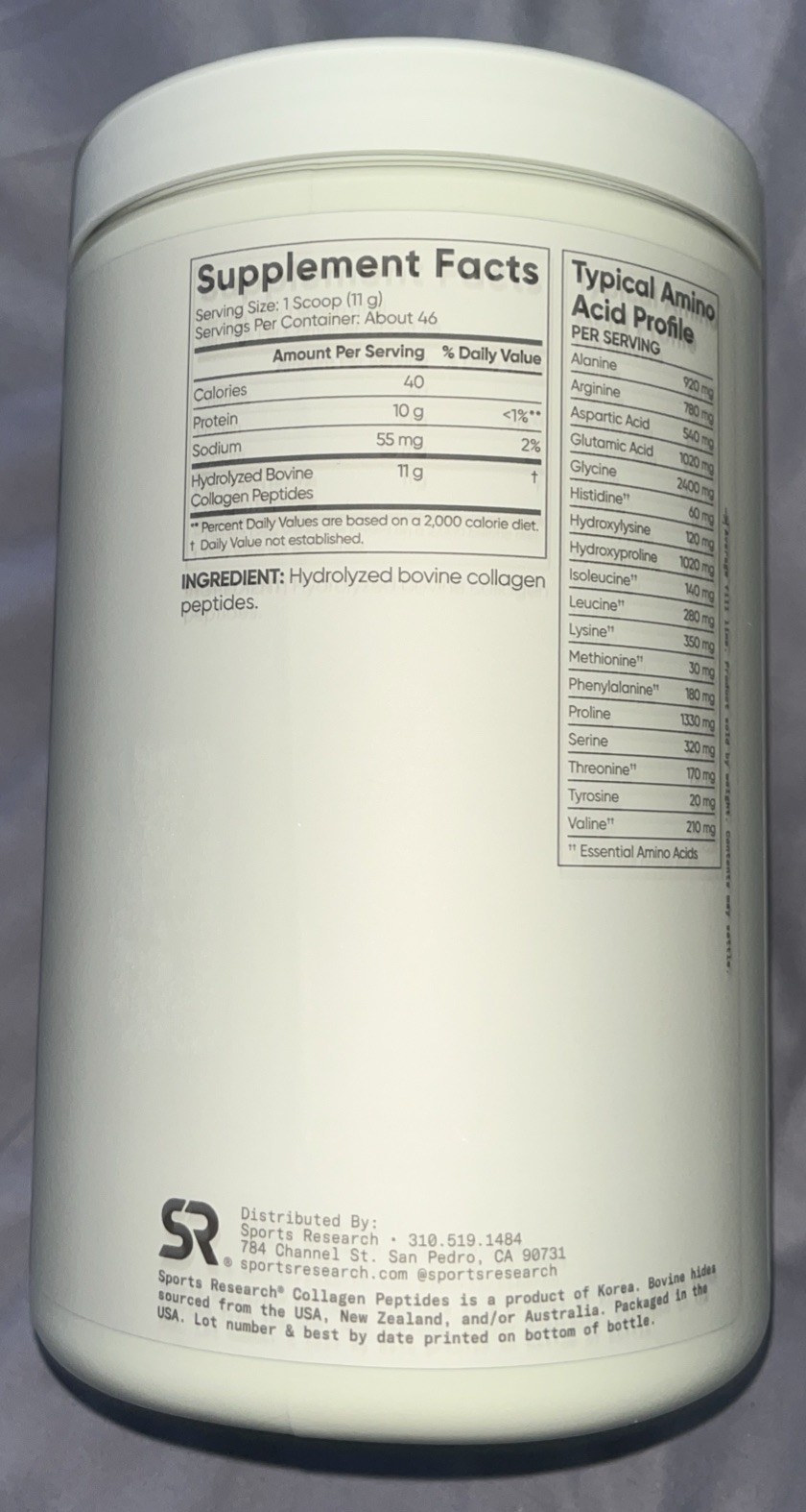 SPORTS RESEARCH HYDROLYZED COLLAGEN PEPTIDES GLUTEN FREE 18 OZ 1.12 LB 510 GRAMS
