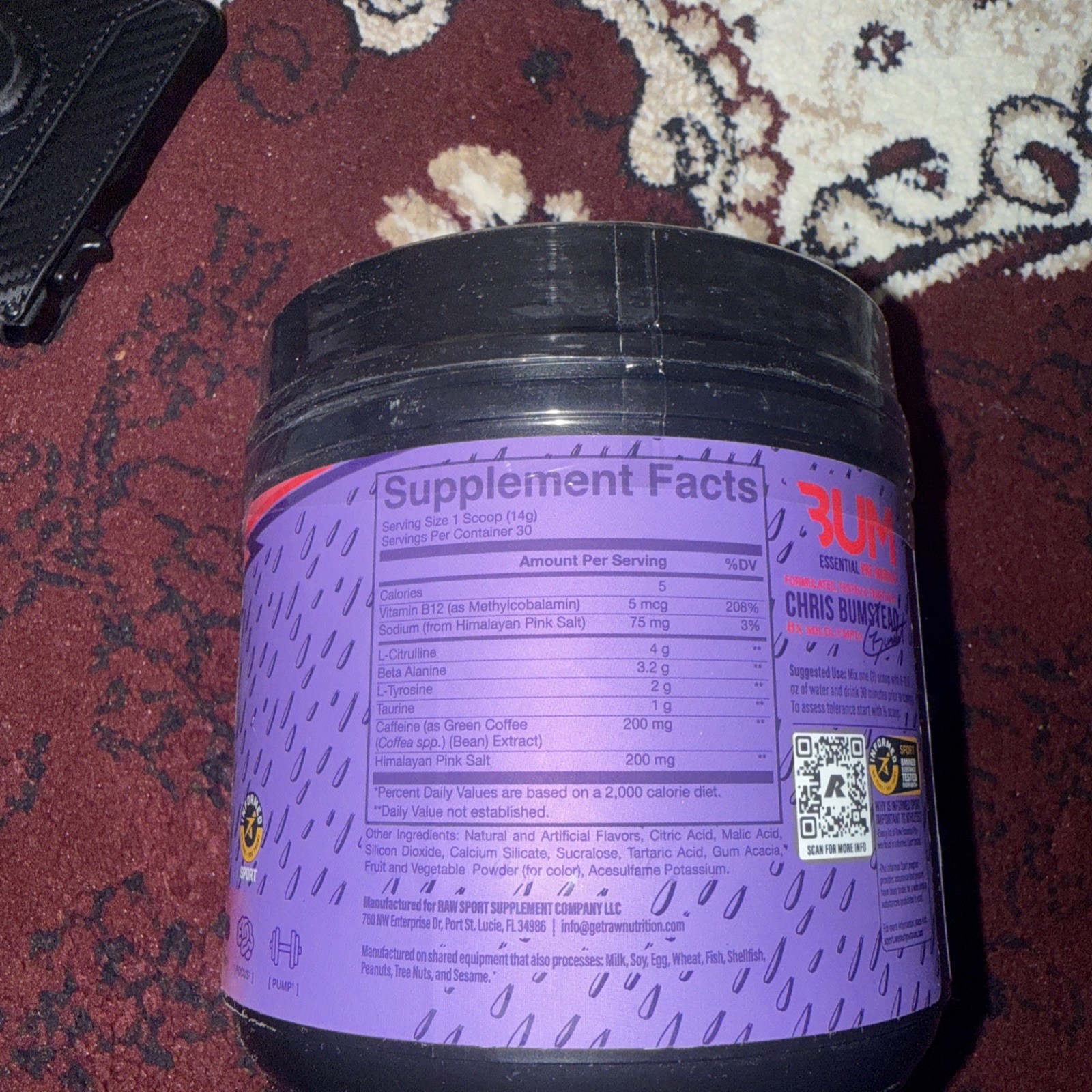 RAW Essential Pre-Workout Powder Sour Watermelon Grape 14.81oz/30 Servings