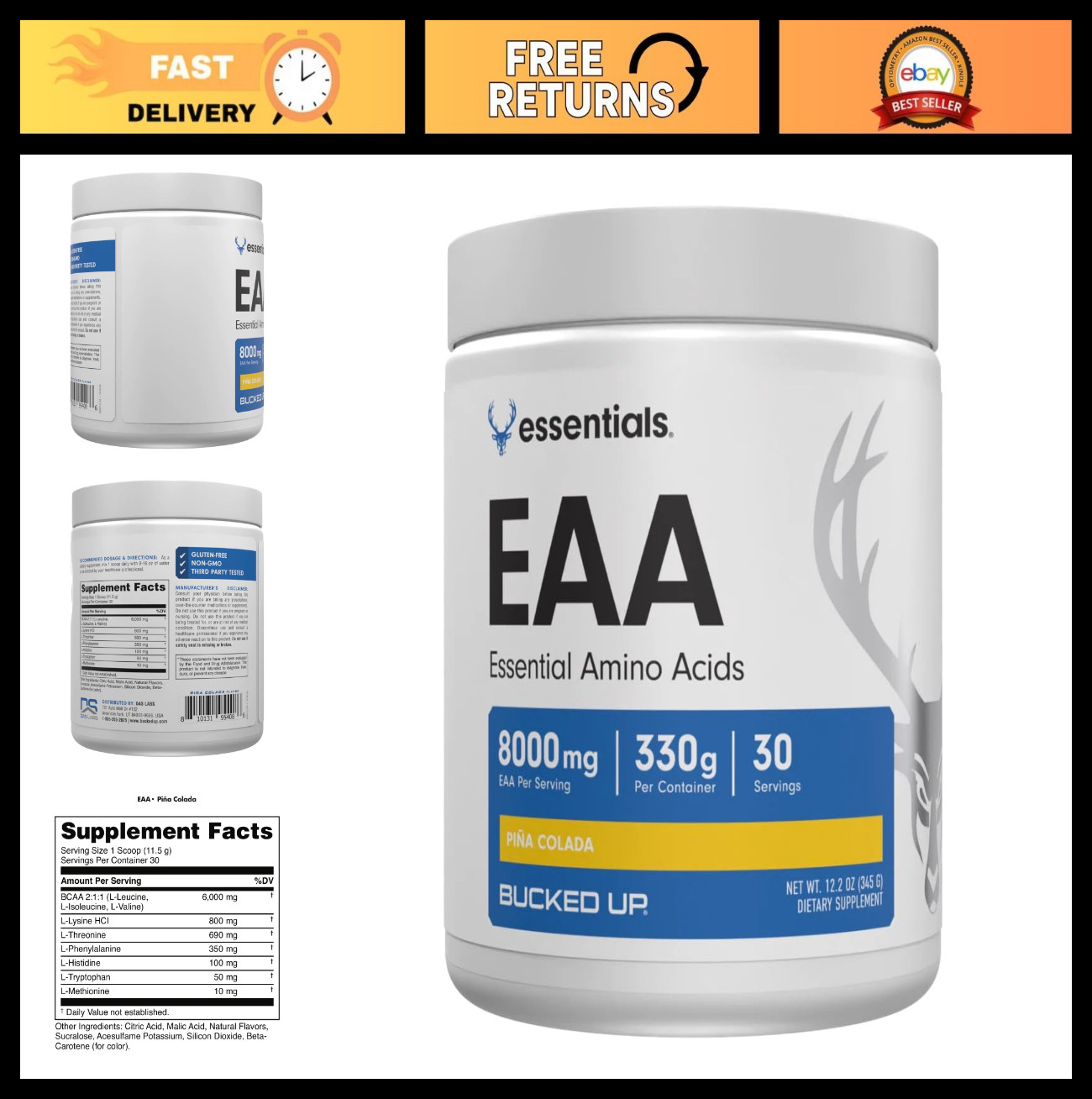 Essential Amino Acids EAA Powder – Easy Mix Non-Clumping – Pre/Intra Workout – P