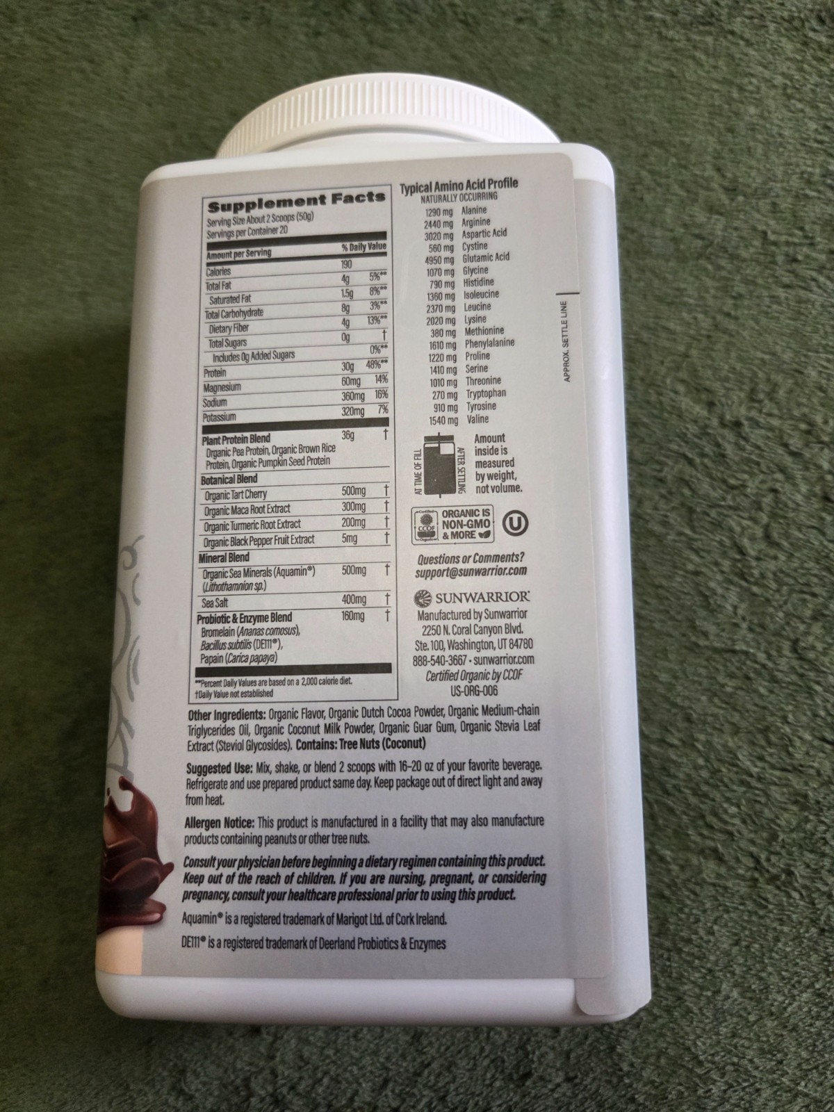 Sunwarrior Organic Active Sport 30g Protein Powder Chocolate 2.2 lb NEW