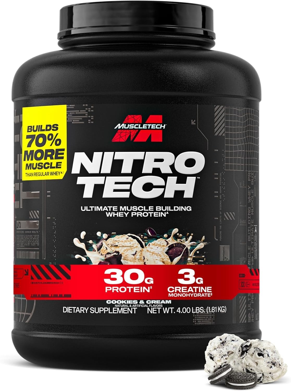 Gluten-Free Nitro-Tech Whey Protein – 4lb Canister, 30g Protein & Recovery BCAAs
