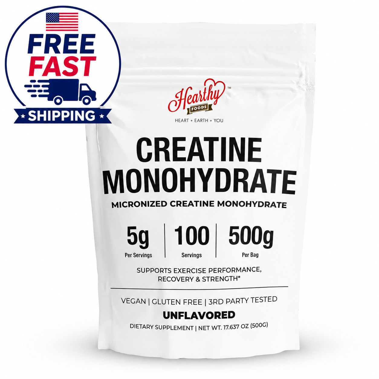 HEARTHY FOODS Creatine Monohydrate Micronized Powder 500G – 100 Servings, 5000mg