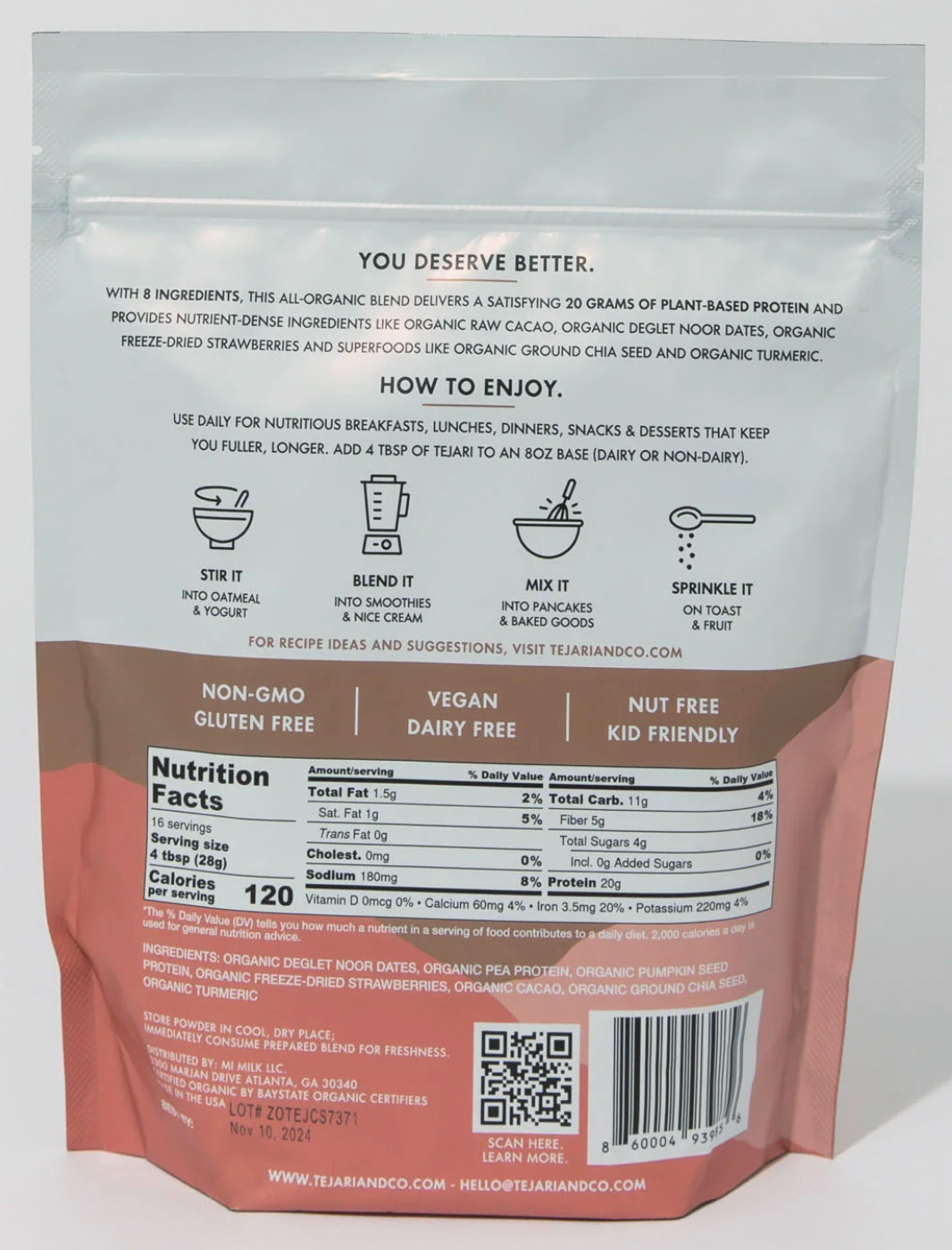 Organic Tejari Plant-Based Superfood Protein Organic Cacao + Strawberry 1lb 2027