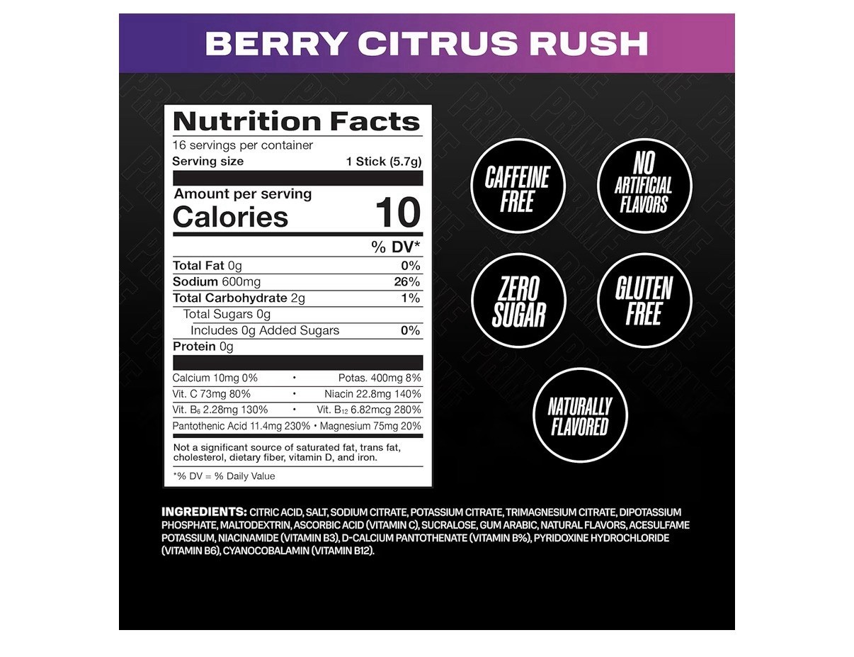 PRIME Electrolyte Hydration Powder Mix 16 Sticks Caffeine-Free Berry Citrus Rush
