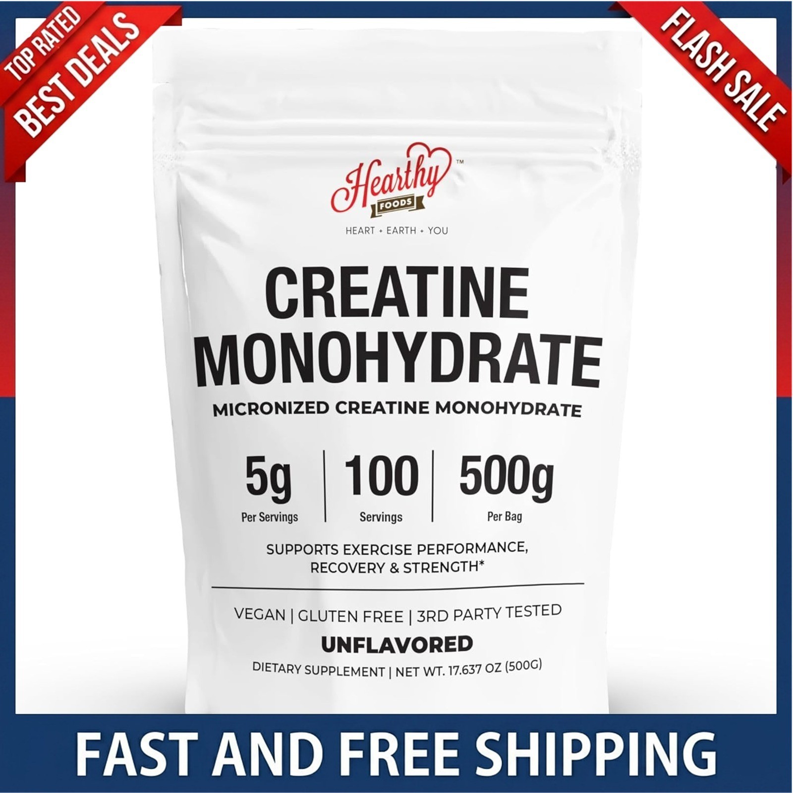 HEARTHY FOODS Creatine Monohydrate Micronized Powder 500G – 100 Servings, 5000mg