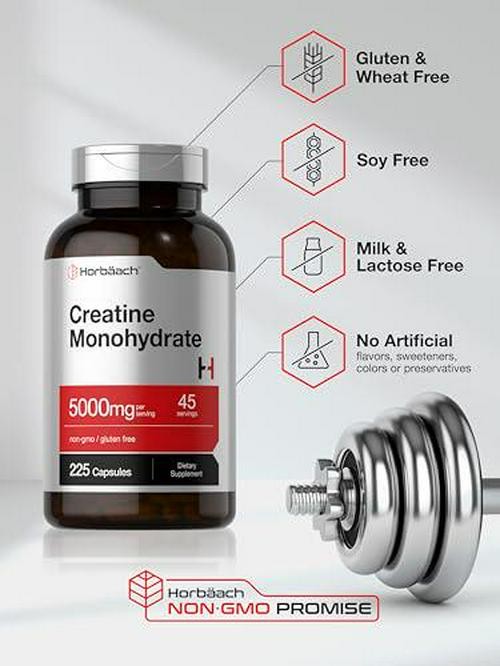 Horbäach Creatine Monohydrate | 5g | 225 Capsules | Non-GMO, Gluten Free