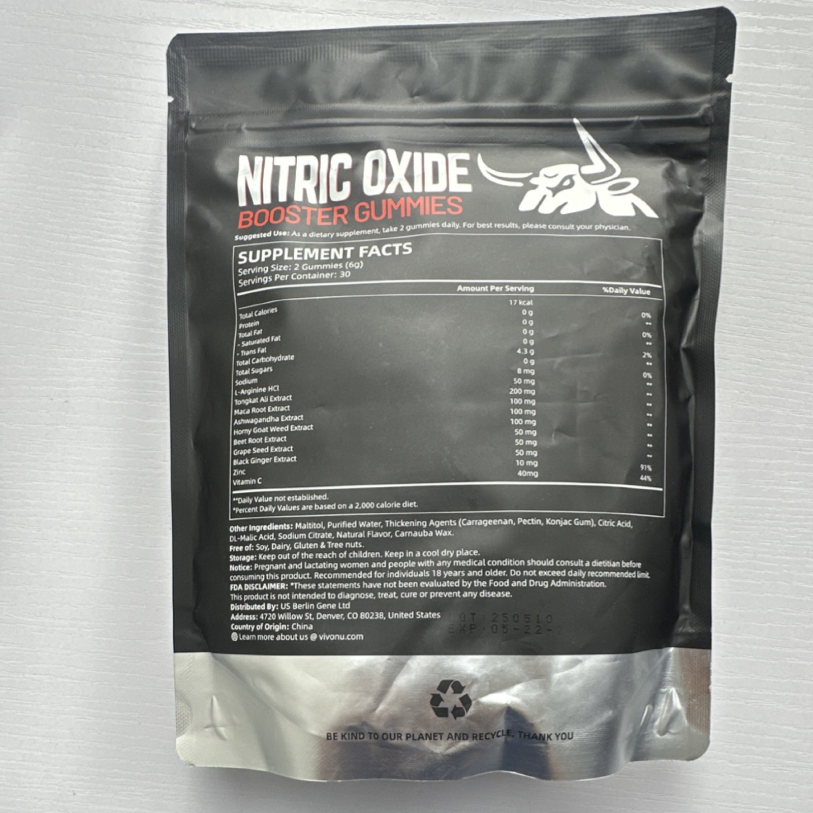 Vivonu Nitric Oxide Booster Gummies 1500mg Mixed Berry 60ct Vegan Exp 05-2027