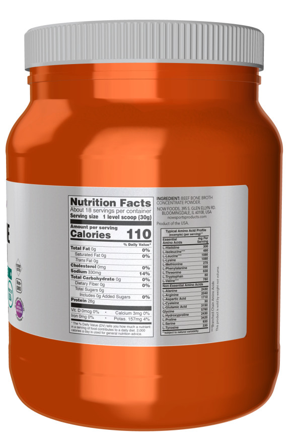 NOW Bone Broth, Beef, 1.2 lbs Protein Powder Amino Acids/Collagen/L-Arginine
