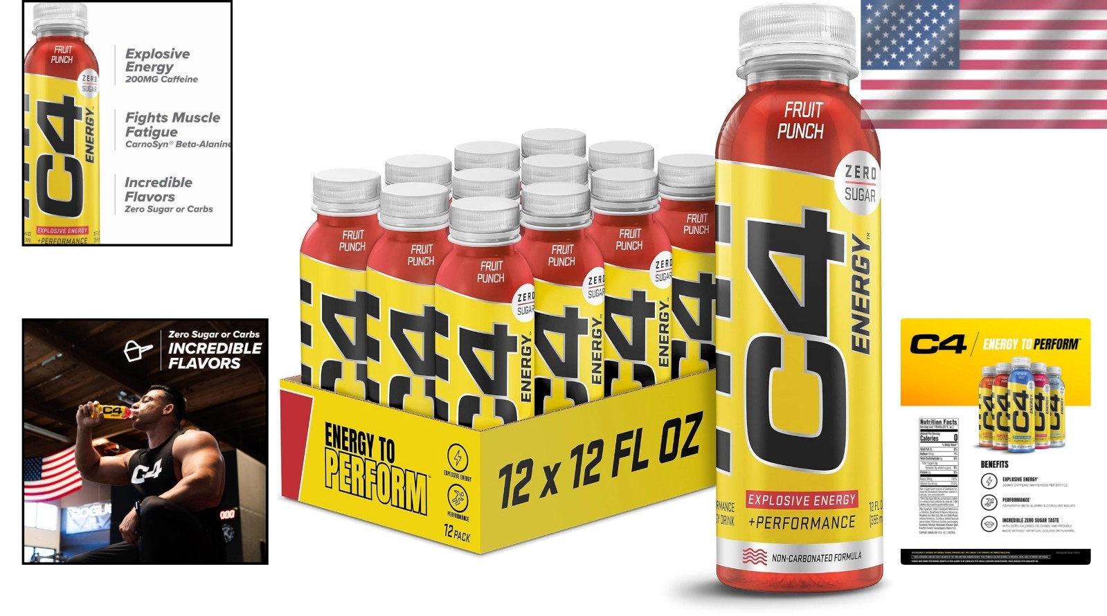 C4 Energy Fruit Punch Drink with Beta-Alanine, Zero Sugar – Perfect for Workouts