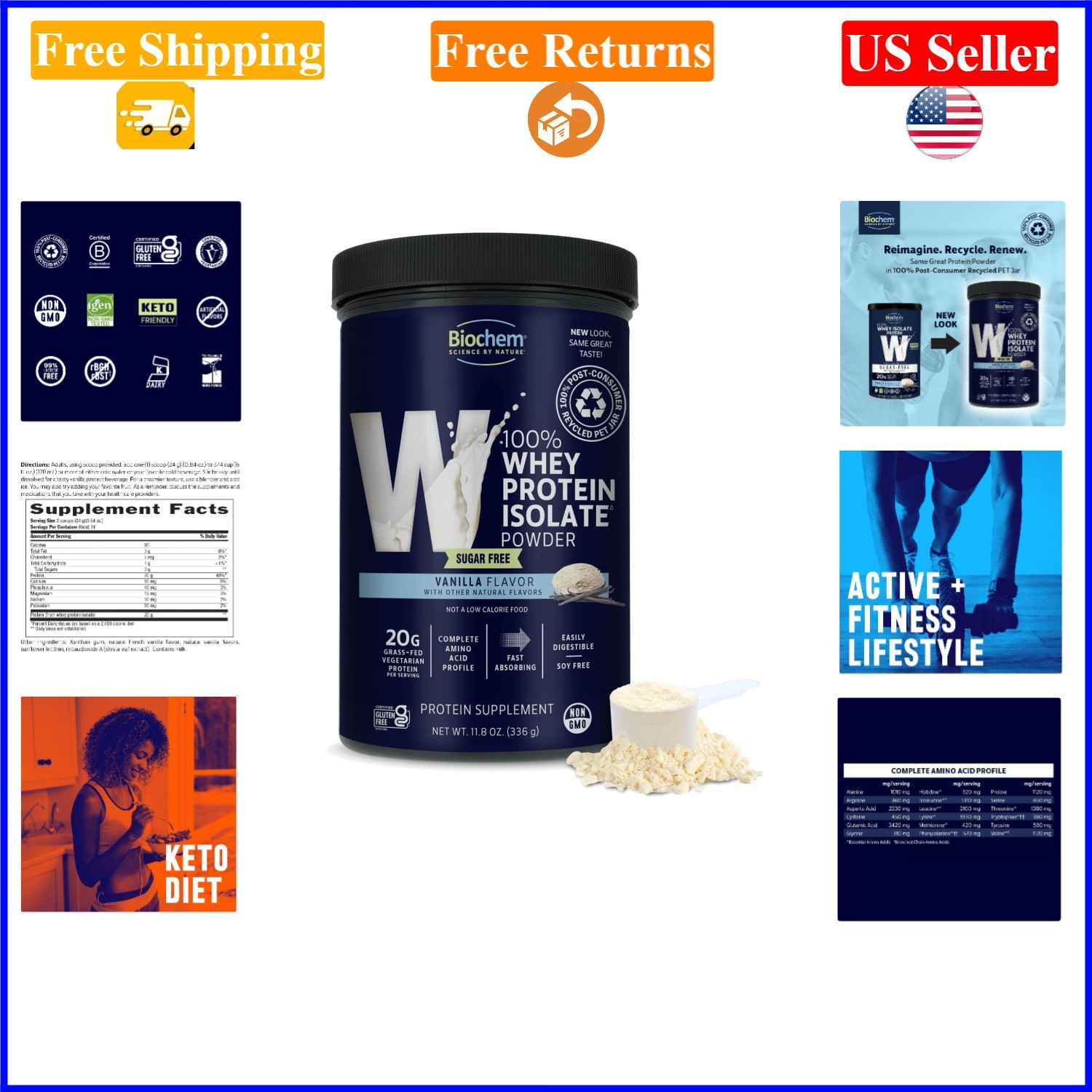 100% Whey Sugar-Free Vanilla Protein Powder, 20g, 11.8oz, Vegetarian, Gluten-…
