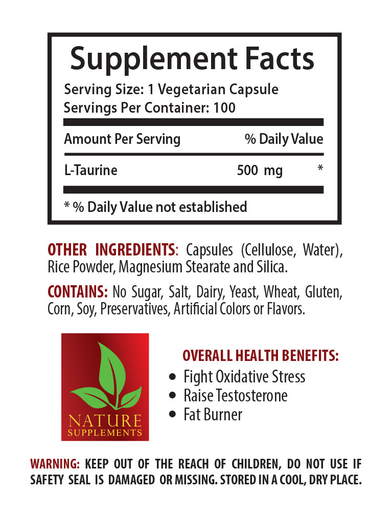L-Taurine Powder 500mg. Promotes Longevity. Pure Amino Acid – 1 B, 100 Capsules