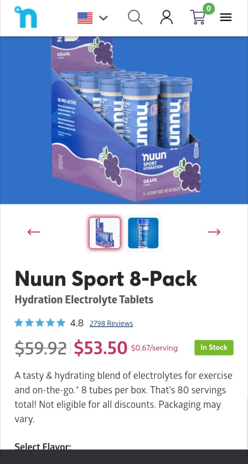 Nuun Sport Electrolyte Tablets Grape Flavor 8 tubes Exp 10/2026