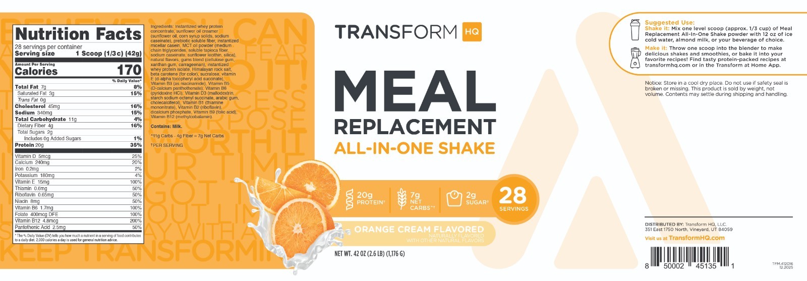 TransformHQ Meal Replacement Shake Powder 28 Servings (Orange Cream)