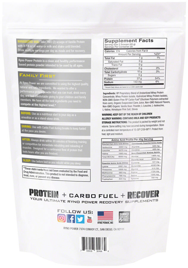 Ryno Power Protein Powder Drink Mix, Vanilla, Pouch, 20 servings