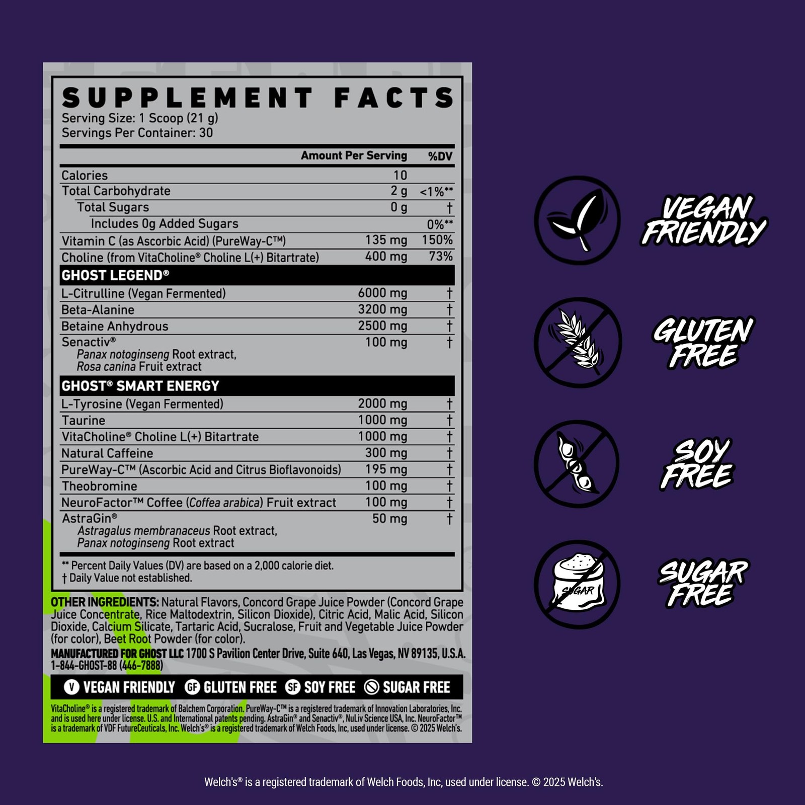 GHOST Legend Pre-Workout Powder, Welch’s Grape – 30 1.39 Pound (Pack of 1)