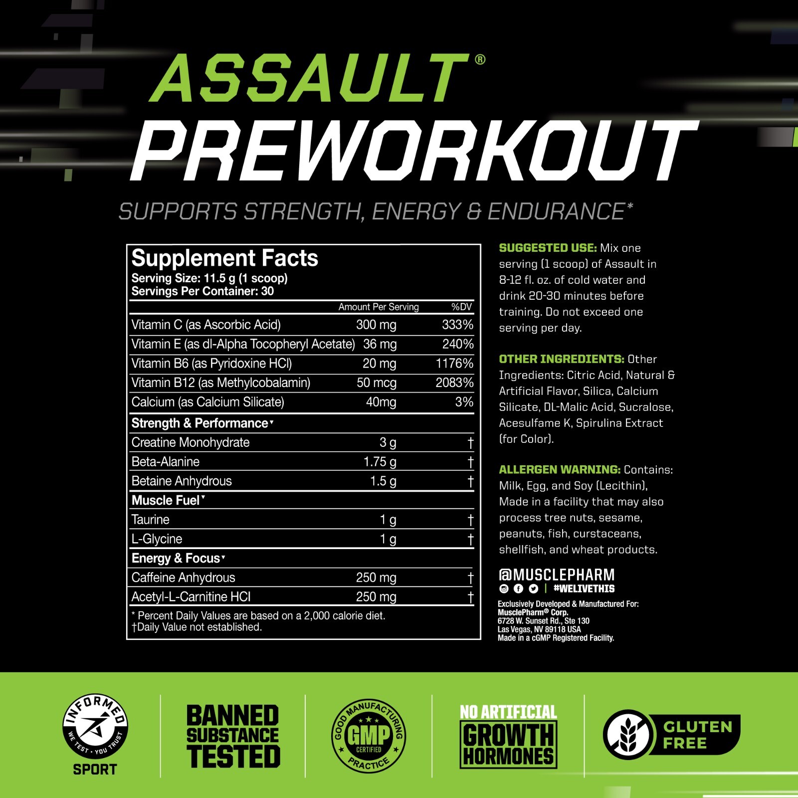 MusclePharm Assault Energy & Strength Pre Workout – 30 Servings, Blue Raspberry