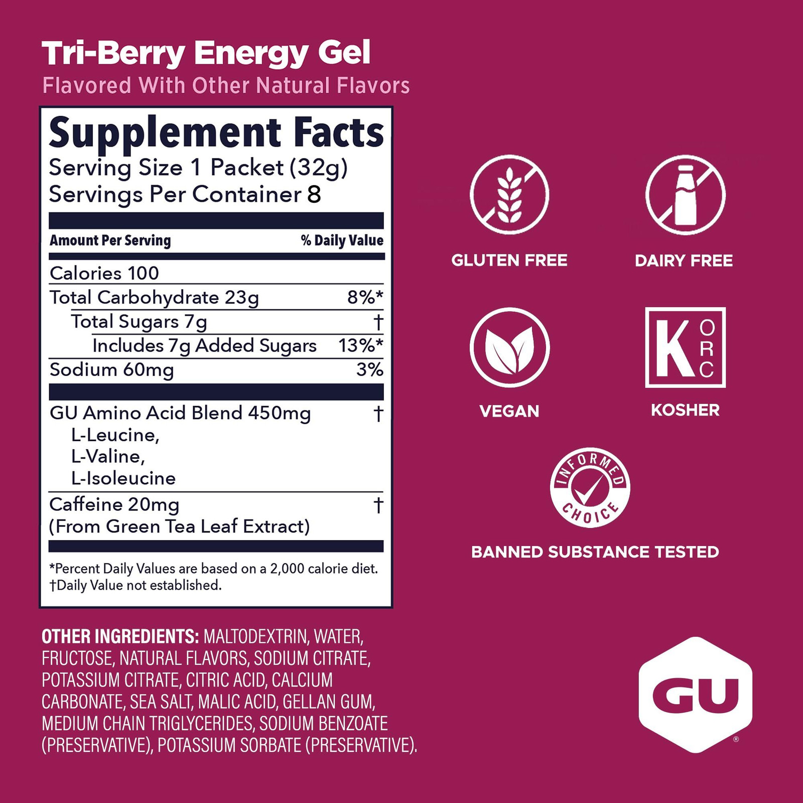 GU Energy Original Sports Nutrition 1.1 Fl Oz (Pack of 8), Tri-berry