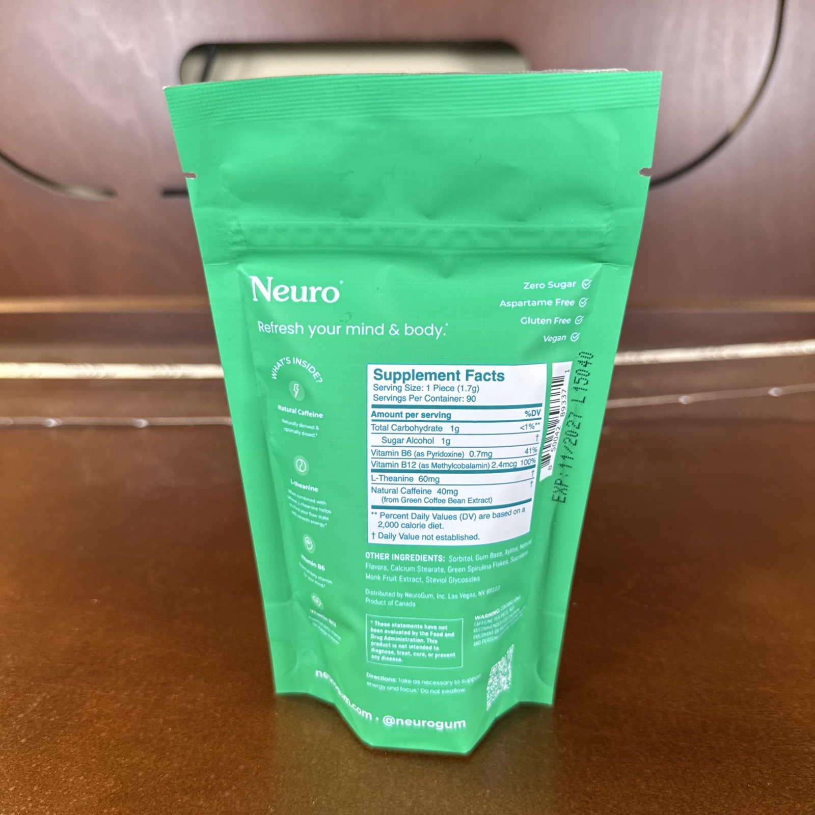 Neuro Energy & Focus Gum – 40mg Natural 90 Count (Pack of 1), Spearmint