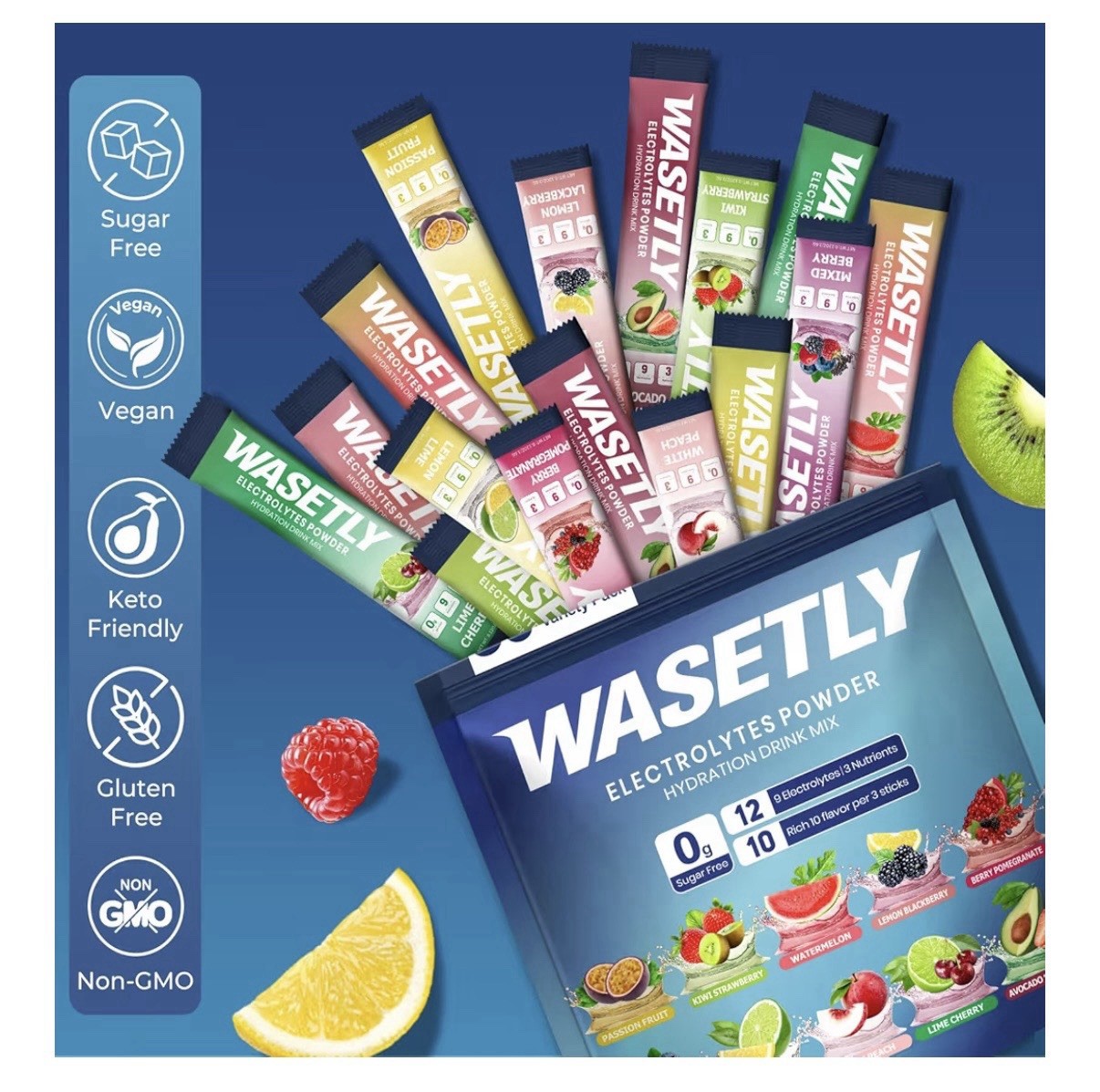 WASETLY Electrolytes Powder Drink Mix Sugar-Free Variety Pack 30 Sticks