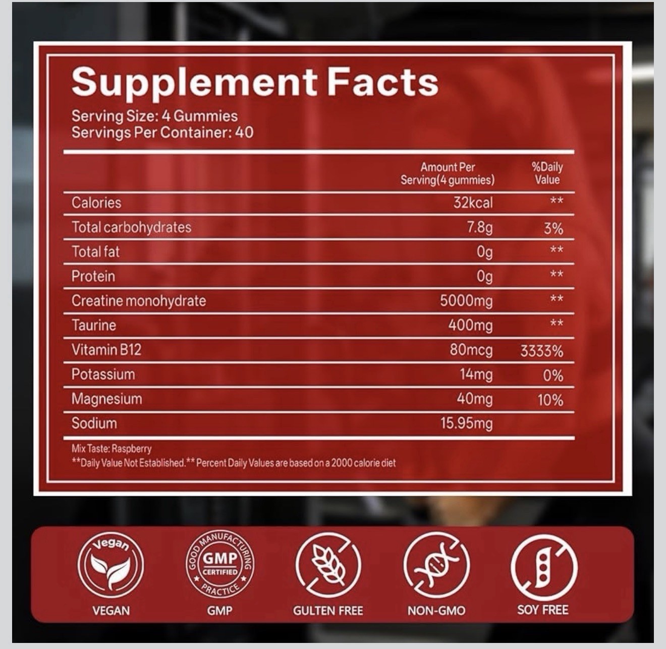 Gabe Sunnybears Creatine Monohydrate Gummies 5000mg 160 Raspberry Taurine