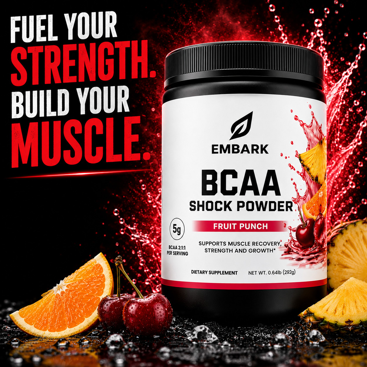 BCAA Powder 2:1:1 Fruit Punch, Muscle Recovery & Lean Muscle Support 292g