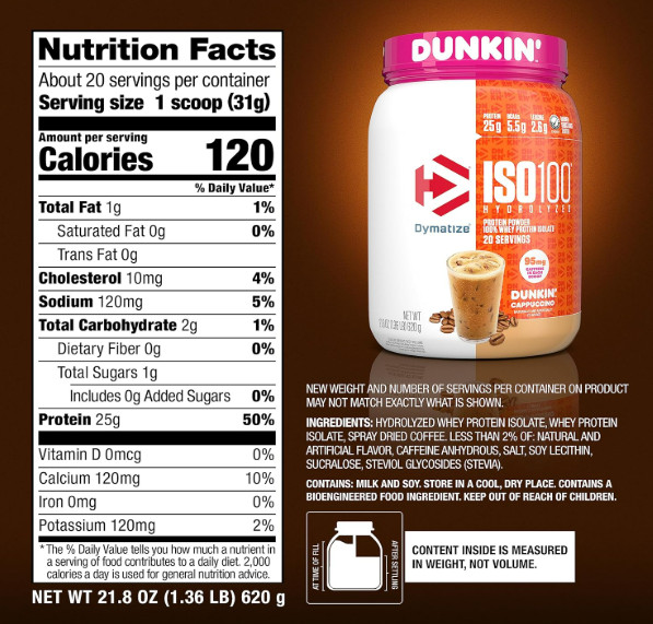 Dymatize ISO100 Hydrolyzed Whey Isolate Protein Powder Dunkin Cappuccino