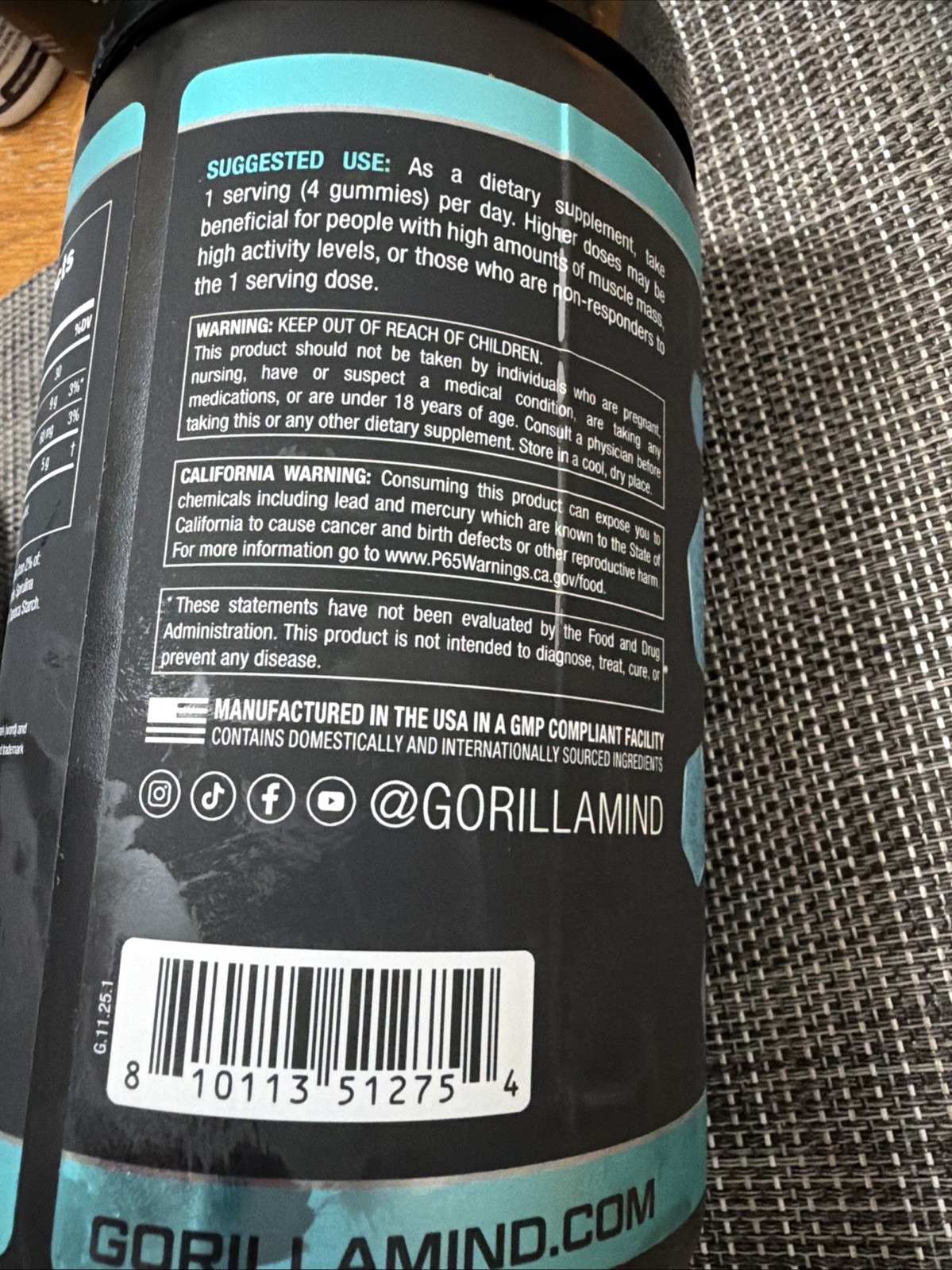 Gorilla Mind Creatine Gummies Creatine Monohydrate 30 SERV. 120 TOTAL EXP 11/27