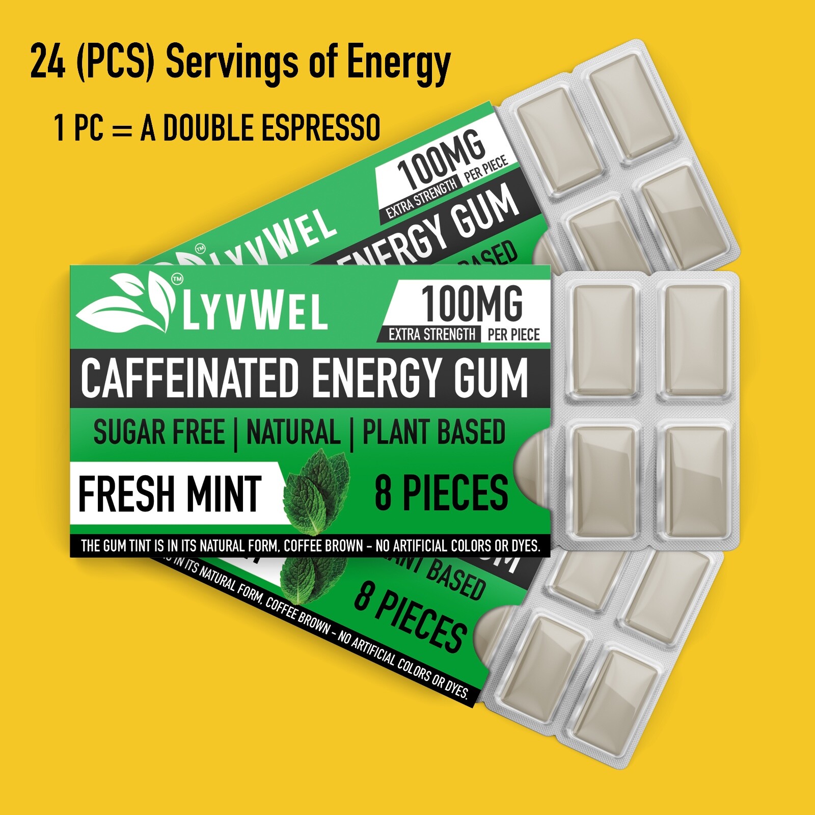 Natural Fitness Energy Sport Gum 100mg Caffeine per piece Mint 3 Packs (24 pcs)
